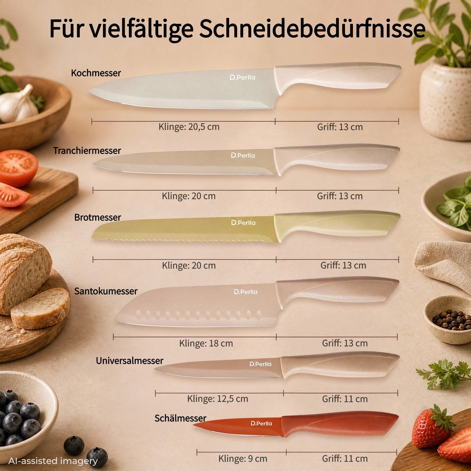D.Perlla Messer-Set 6-teiliges Küchenmesserset, Edelstahl, mehrfarbig (Set, 6-tlg)