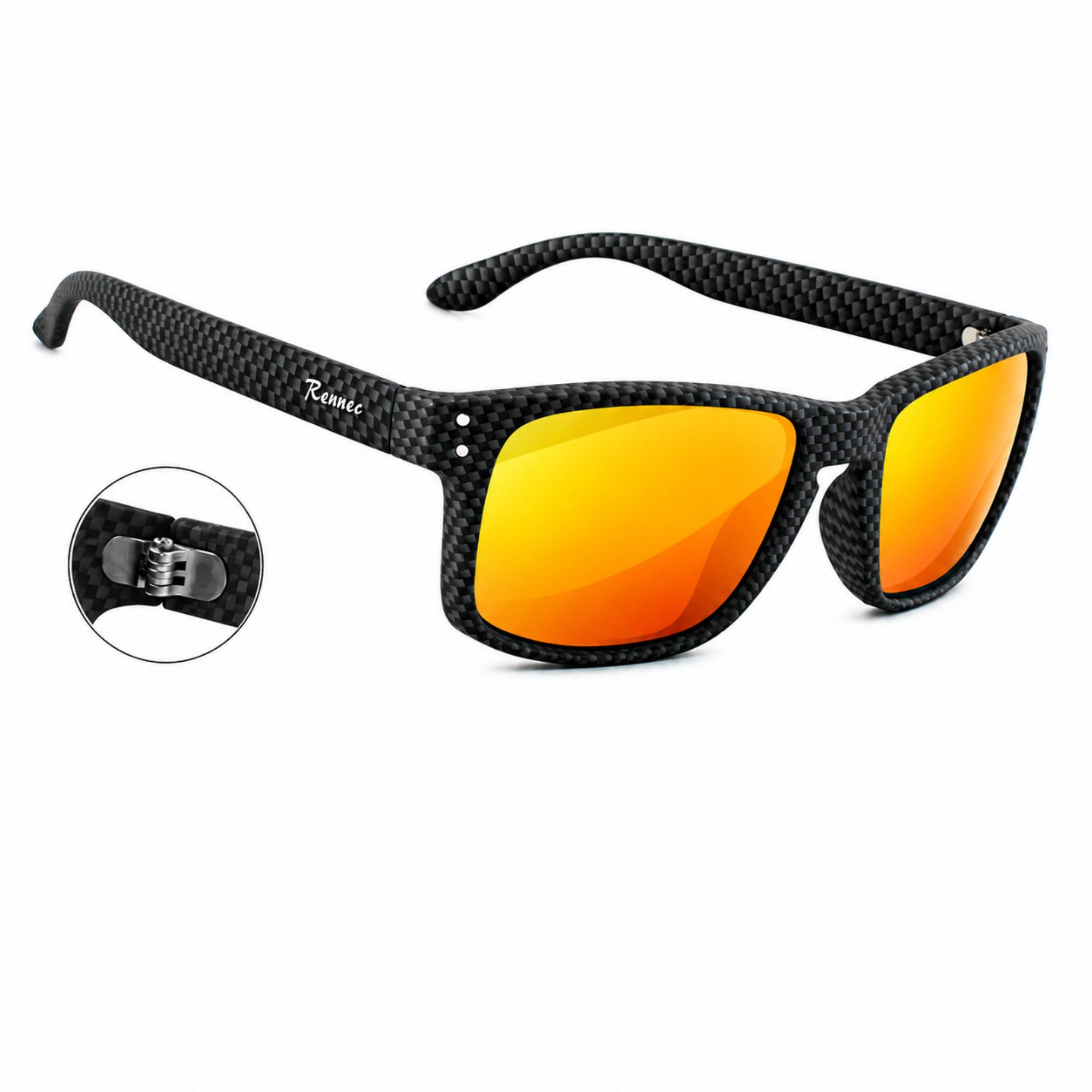 Rennec Sonnenbrille Herren Rechteckig Carbon Design Schwarz Gläser Orange Verspiegelt 3in2 Edelstahl Bügelgelenke, Gläser UV400, Brillenbeutel