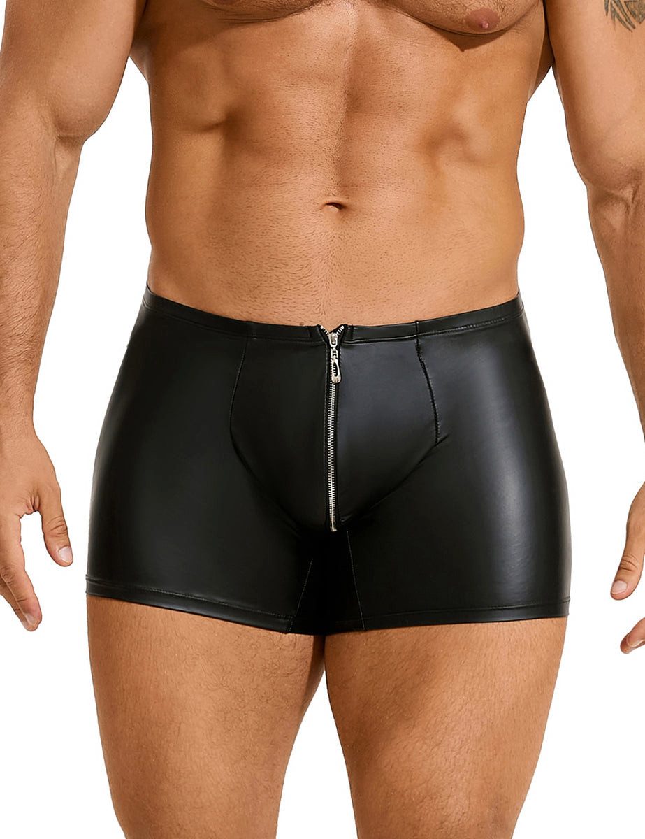 Lau-Fashion Boxershorts Herren Boxer in Lederoptik mit Reißverschluss, Schwarz