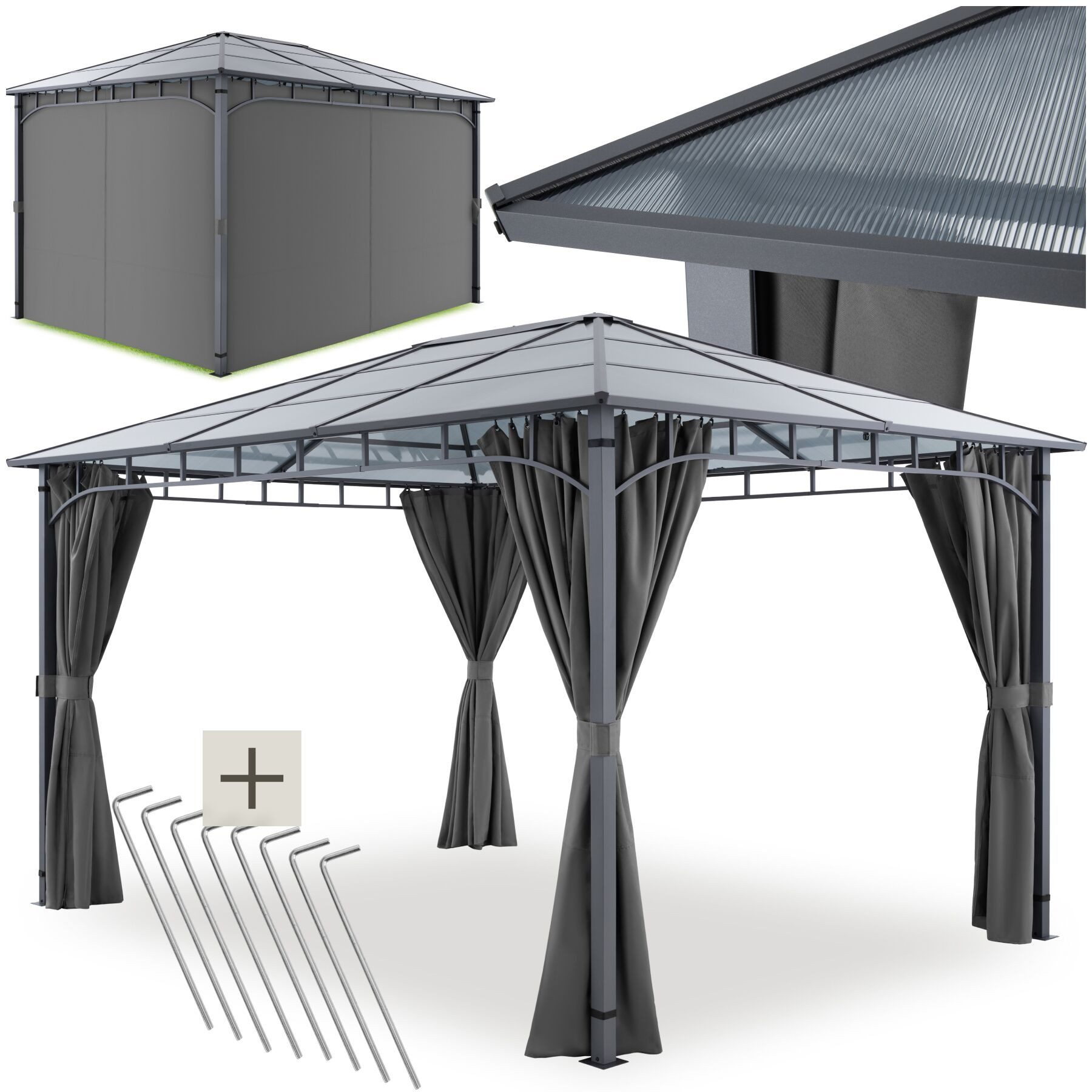 tectake Pavillon Gartenlaube 3 x 4 m wasserdicht mit Seitenteilen und Hardtop, mit 4 Seitenteilen, (Freiluftpavillon Caracas, in Grau), Polycarbonatdach lichtdurchlässig, Inkl. Heringe und Montagematerial