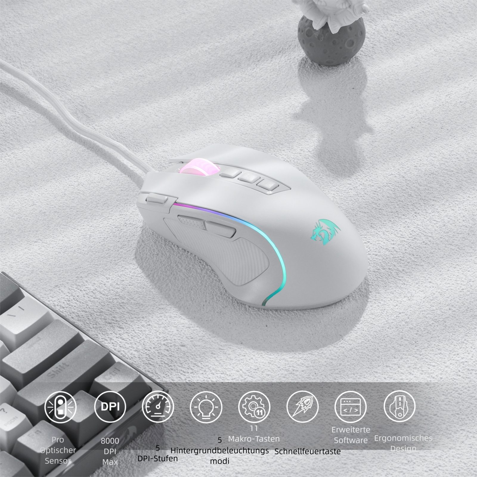 Redragon M612 Gaming Maus RGB, 5 DPI, ergonomisch, weiß Gaming-Maus (Kabel, 11 Tasten programmierbar, kabelgebunden, komfortabler Grip)