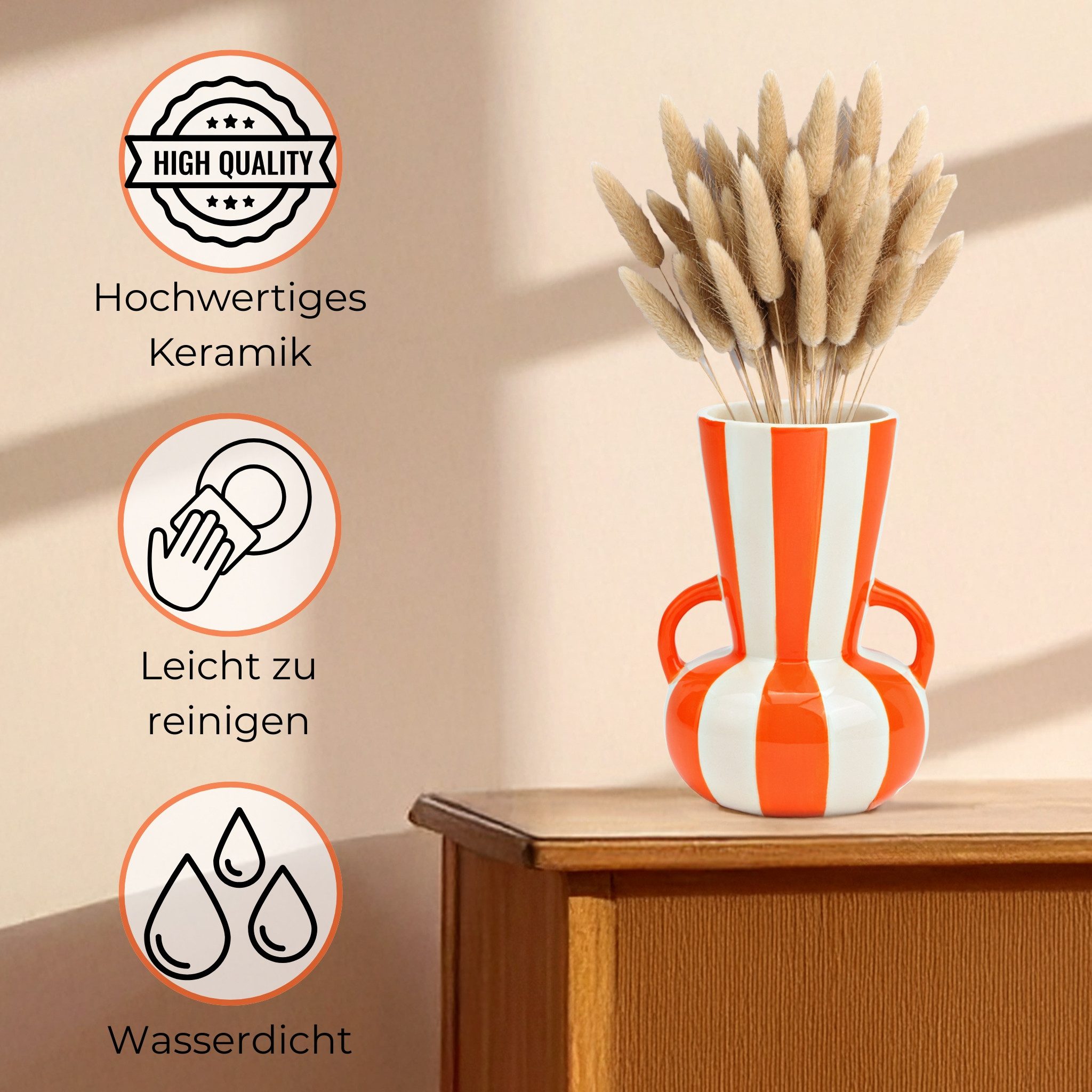 matches21 HOME & HOBBY Dekovase Blumenvase bunt gestreift, orange weiß in Ø 11x16 cm (1 St), Moderne Keramik Vase als Wohnzimmerdeko – Bild 3 von 5