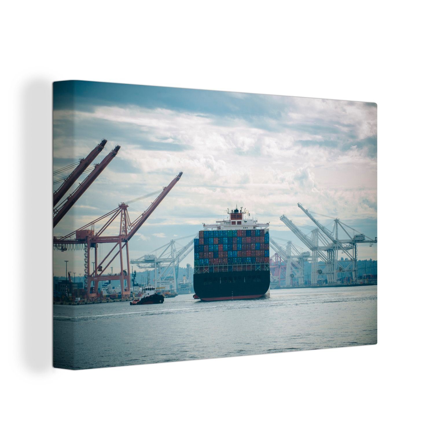 OneMillionCanvasses® Leinwandbild Containerschiff wird von einem Schlepper in den Hafen geschleppt, (1 St), Wandbild Leinwandbilder, Aufhängefertig, Wanddeko, 30x20 cm