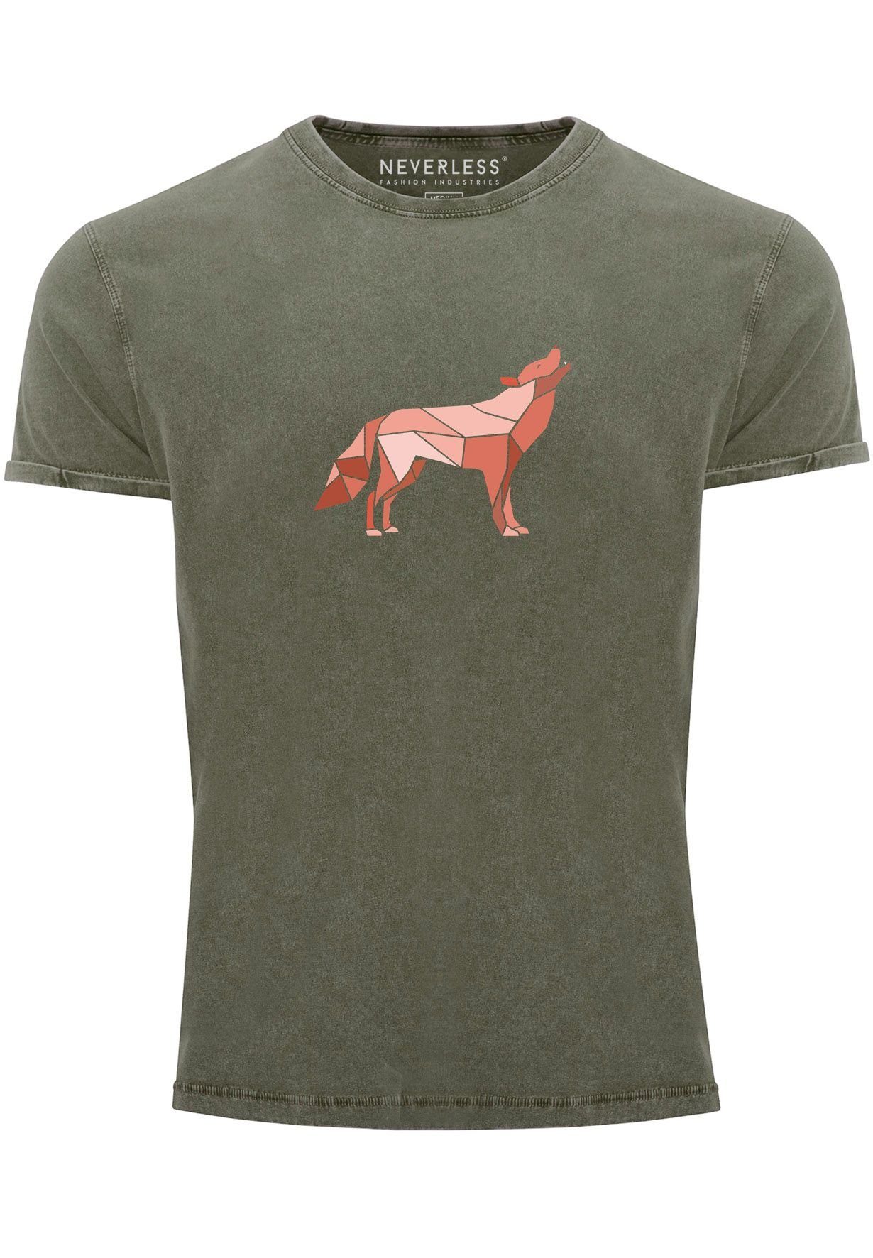 Neverless Print-Shirt Herren Vintage Shirt Aufdruck Wolf Polygon Print Geometrie Outdoor Wil mit Print oliv
