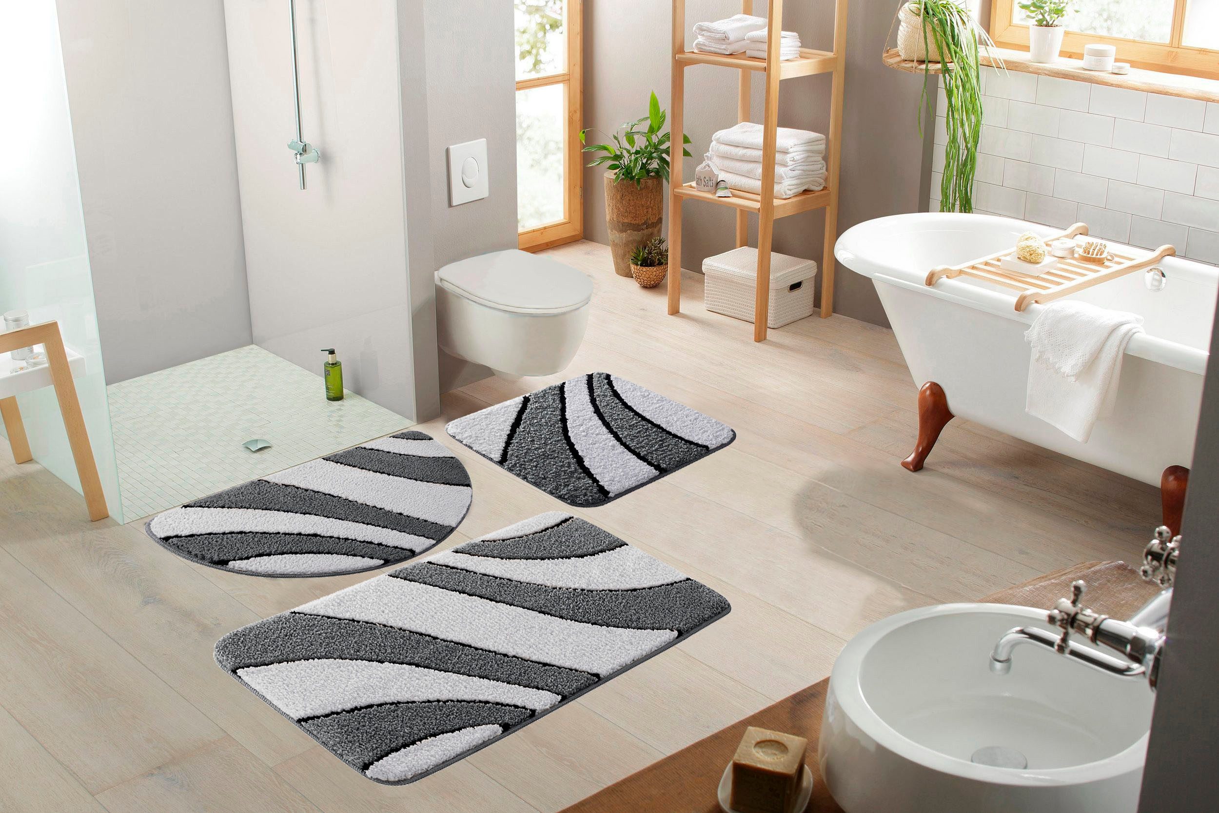 OTTO home Badematte Anna, Badvorleger, Badezimmer Teppich, Höhe 16 mm, rutschhemmend beschichtet, schnell trocknend, fußbodenheizungsgeeignet, Polyester, rechteckig, Badteppich, Hoch Tief Effekt, Modern, Weich, Wellen