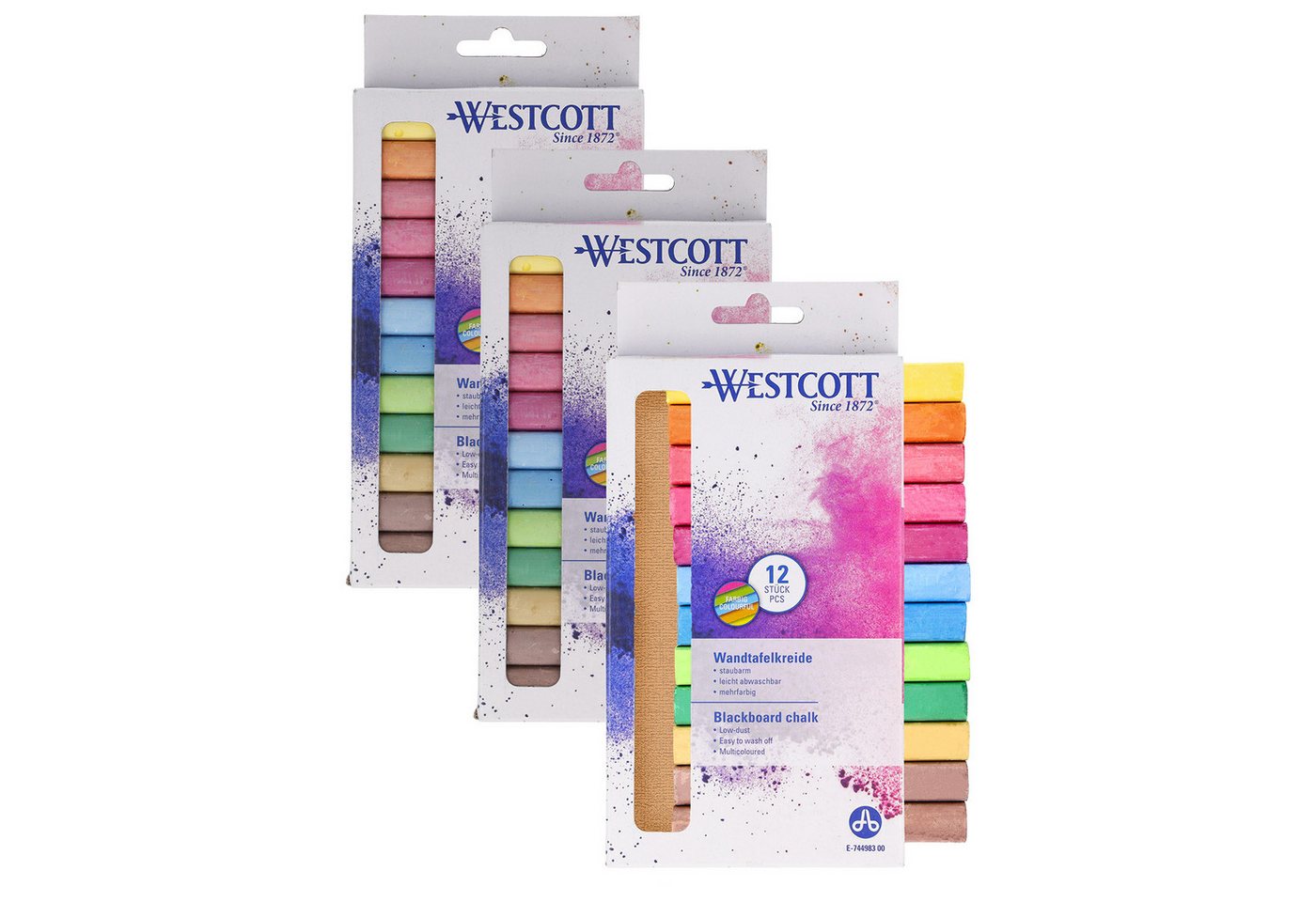 WESTCOTT Malkreide Kreide 12 Stück Bunt (3er-Set), Tafelkreide 1,2cm ⌀ x 8,5cm, (Vorteilspack, 3-tlg), staubarm & leicht abwischbar