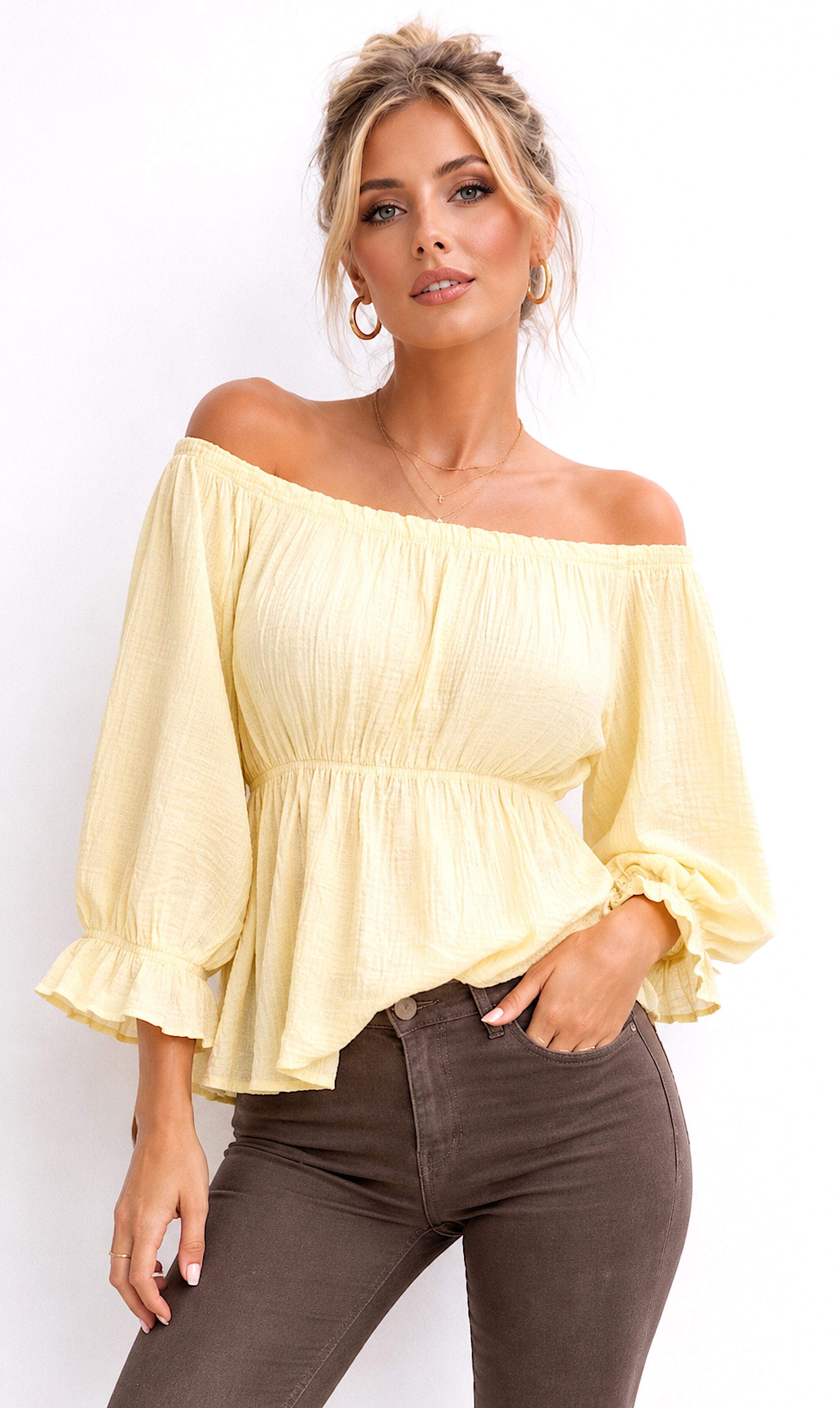 Worldclassca Chiffonbluse Worldclassca Musselin Off Shoulder Bluse Chiffon Sommer Top Shirt 3/4 Neue Kollektion - Stilvolle und gemütliche Sommer Mode für Damen