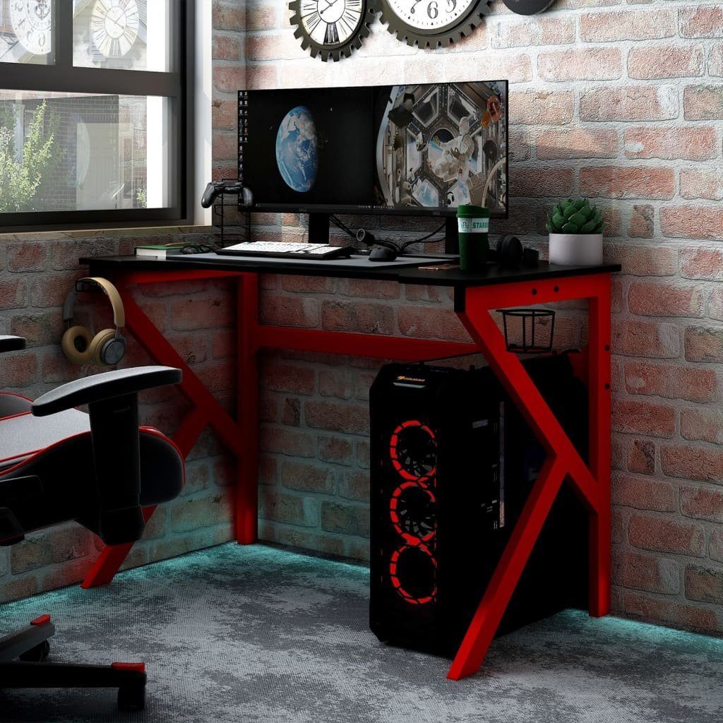 vidaXL Schreibtisch Gaming-Schreibtisch mit | und und 110x60x75 K-Gestell und Schwarz rot rot Schwarz Rot Schwarz cm