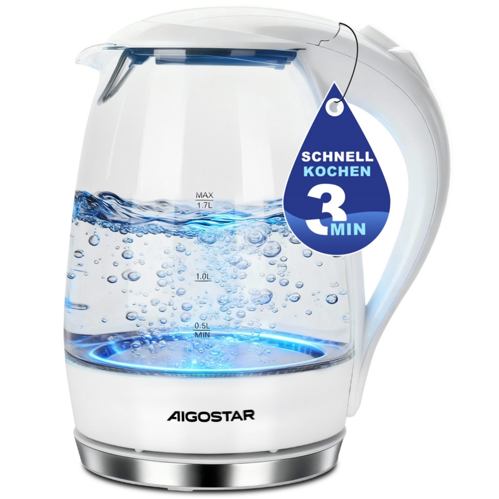 Aigostar Wasserkocher 2200W 1,7L Glaswasserkocher mit Kalkfilter, LED Beleuchtung, Weiß, 1.7 l, 2200,00 W, 360° Basis, Abschaltautomatik, Trockenschutz, Edelstahl Heizelement