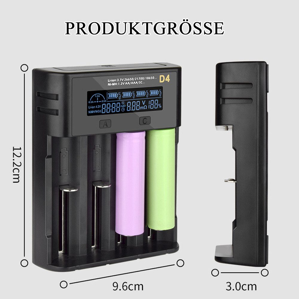 AFKSMILE 4 Ladeplätze Ladegerät für 18650-Akkus, Display Batterieladegerät Akku-Ladestation (2000mA, Ladegerät für 3,6/3,7V-Lithium-Ionen-Akkus und 1,2V-NiMH-Akkus)