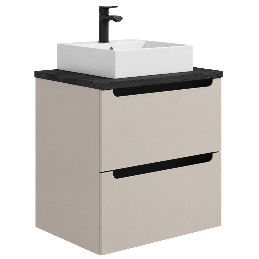 Lomadox Waschtisch SOFIA-107-CASHMERE, Kaschmir Beige Schwarz matt 60 cm Softclose Keramik Aufsatzwaschbecken