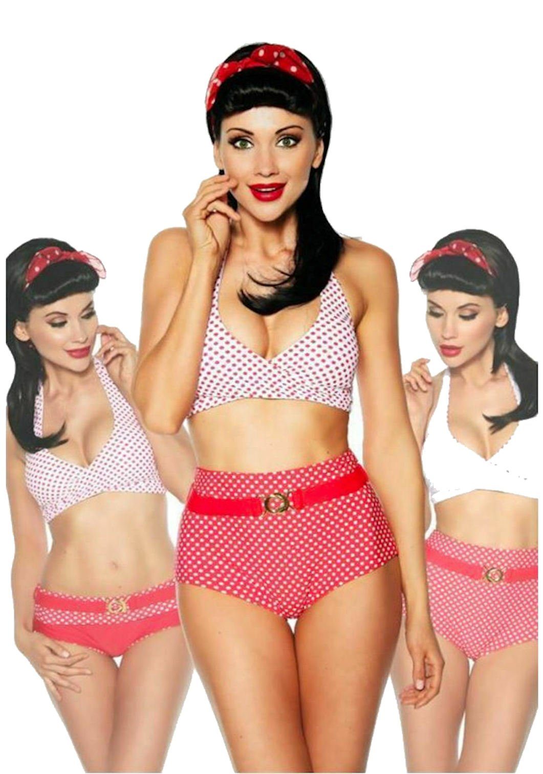 Samegame Triangel-Bikini Rockabilly Wendebikini mit Gürte Vintage-Bikini Set l rot/weiß/dots