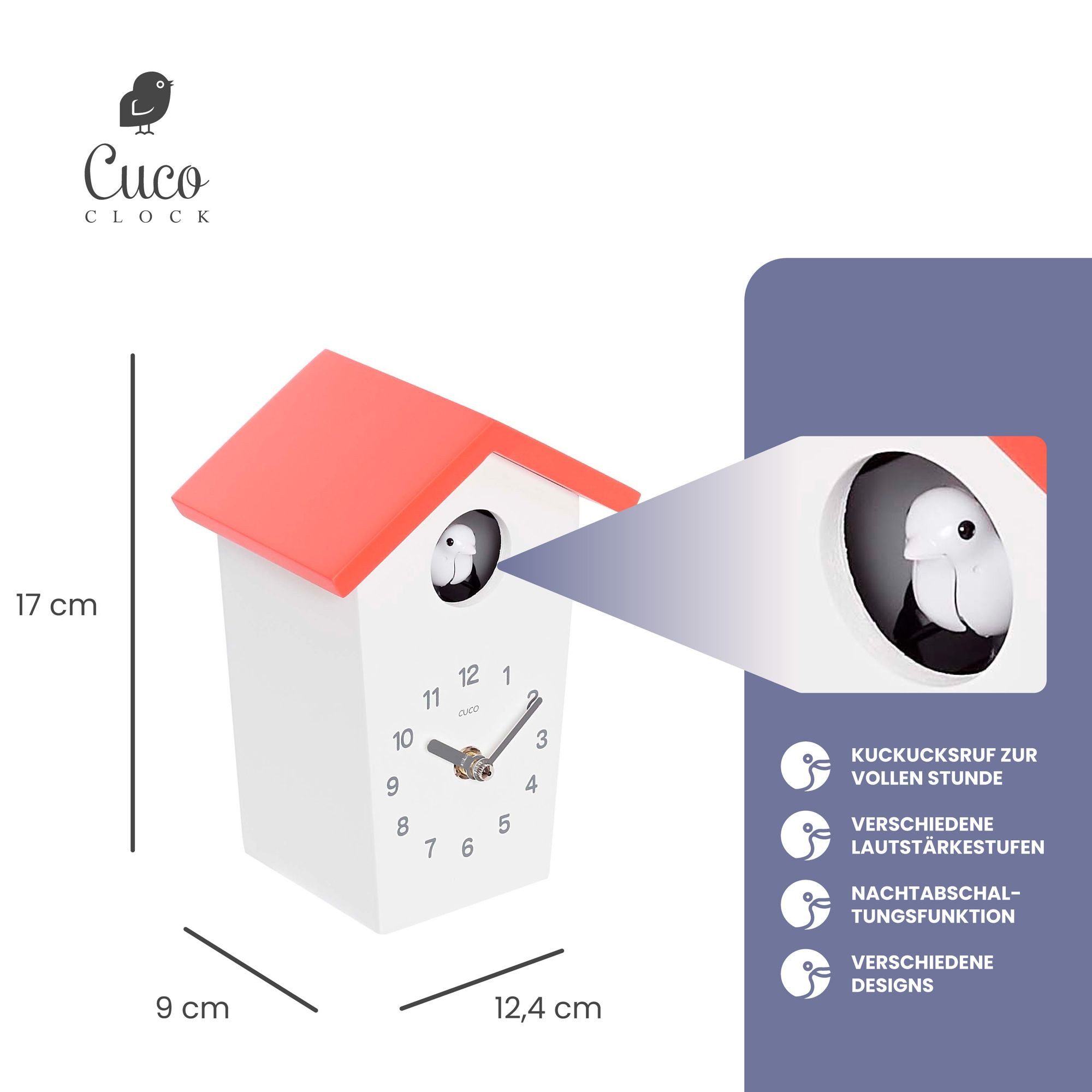 Cuco Clock Wanduhr Mini Kuckucksuhr HOCHHAUS, Wanduhr, Moderne Schwarzwalduhr (17,0 × 12,4 × 9,0cm, mit Nachtruhefunktion, Kuckucksruf, Quarzuhrwerk)