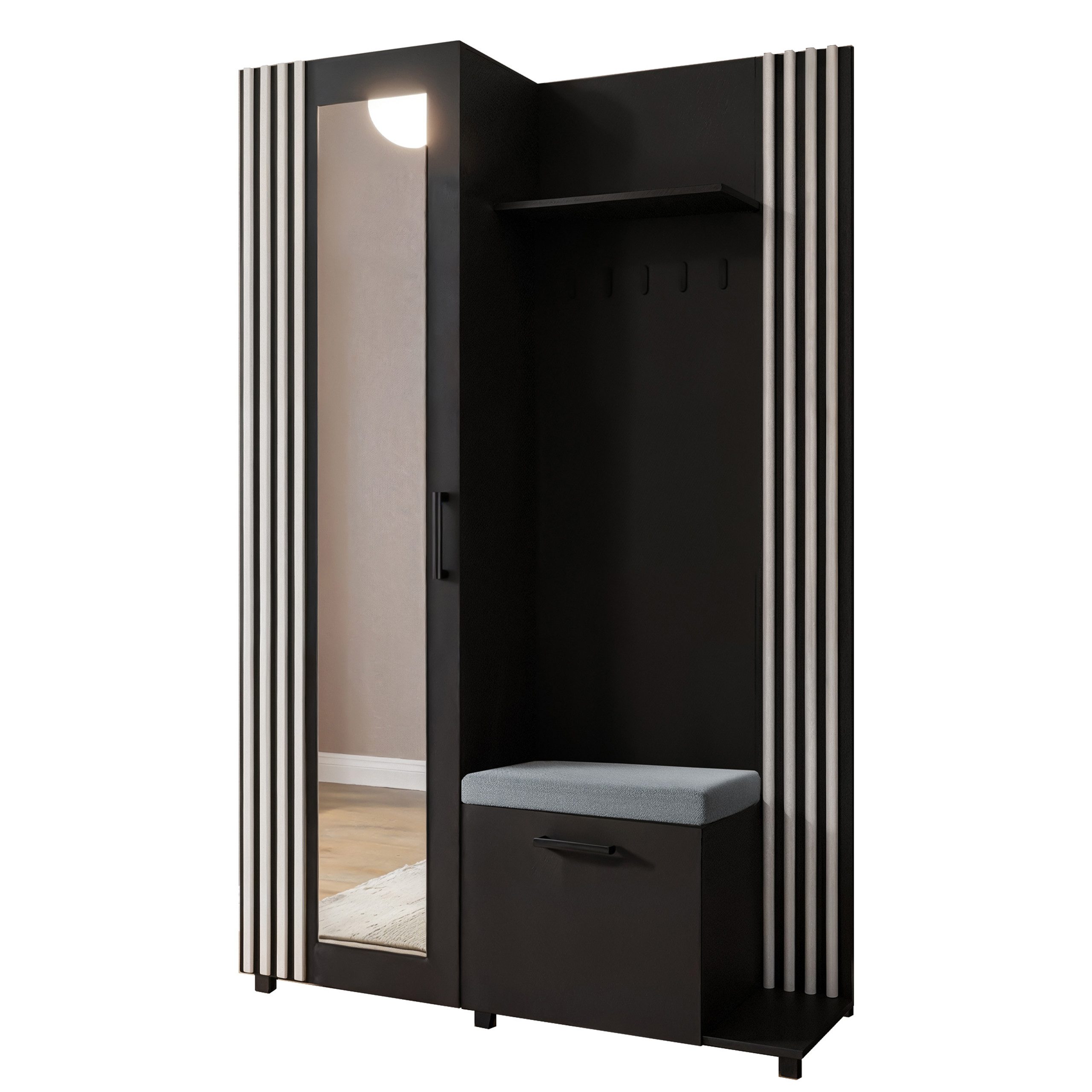 Masseno Garderobenschrank ARMADIO 137 x 207 cm Flurmöbel mit Spiegel und 1 Tür Schwarz