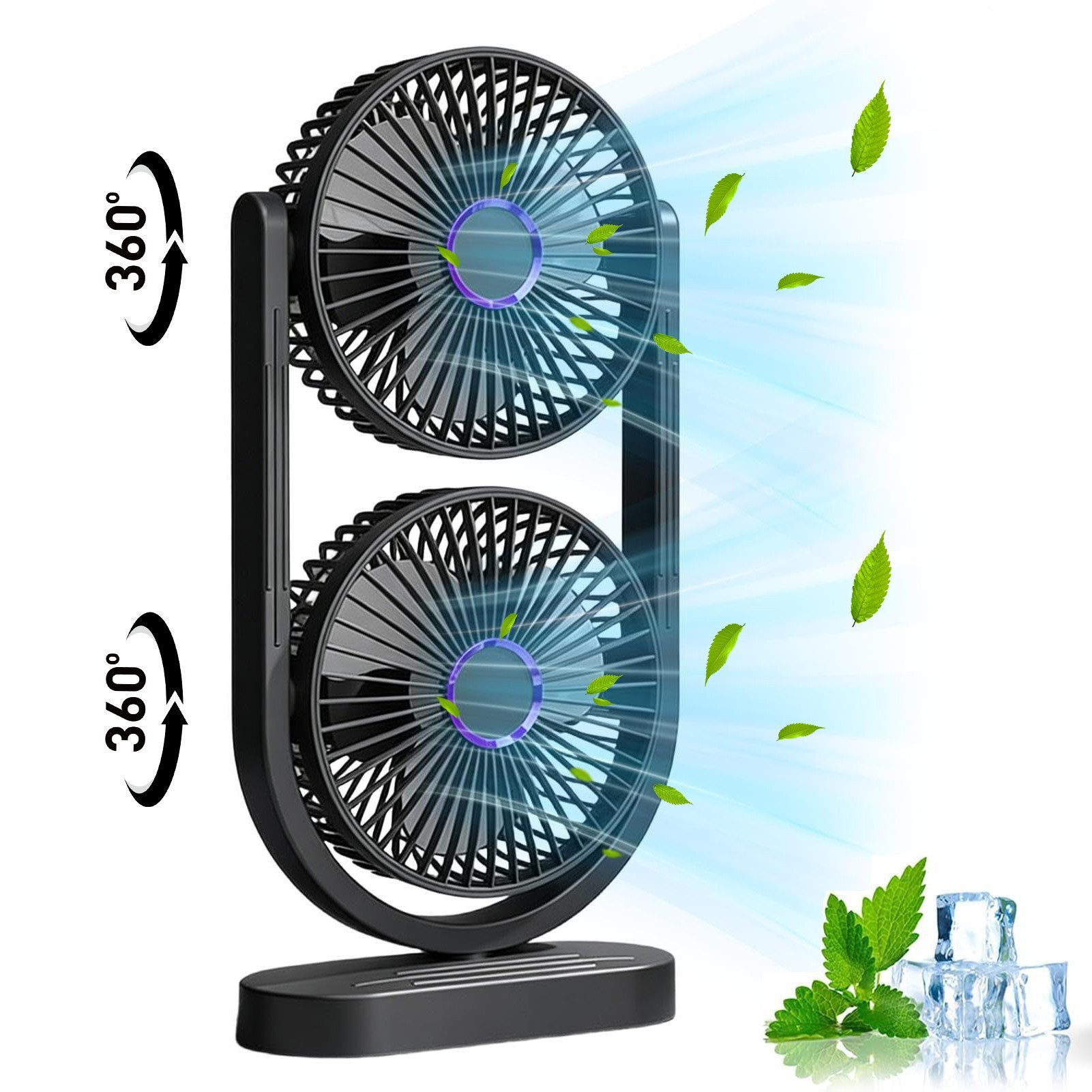 MOPUEA Standventilator 360° Drehbar Doppelkopf Luftzirkulationsventilator USB Tischventilator, Mini Standventilator Luftzirkulation Leise USB Aufladbar