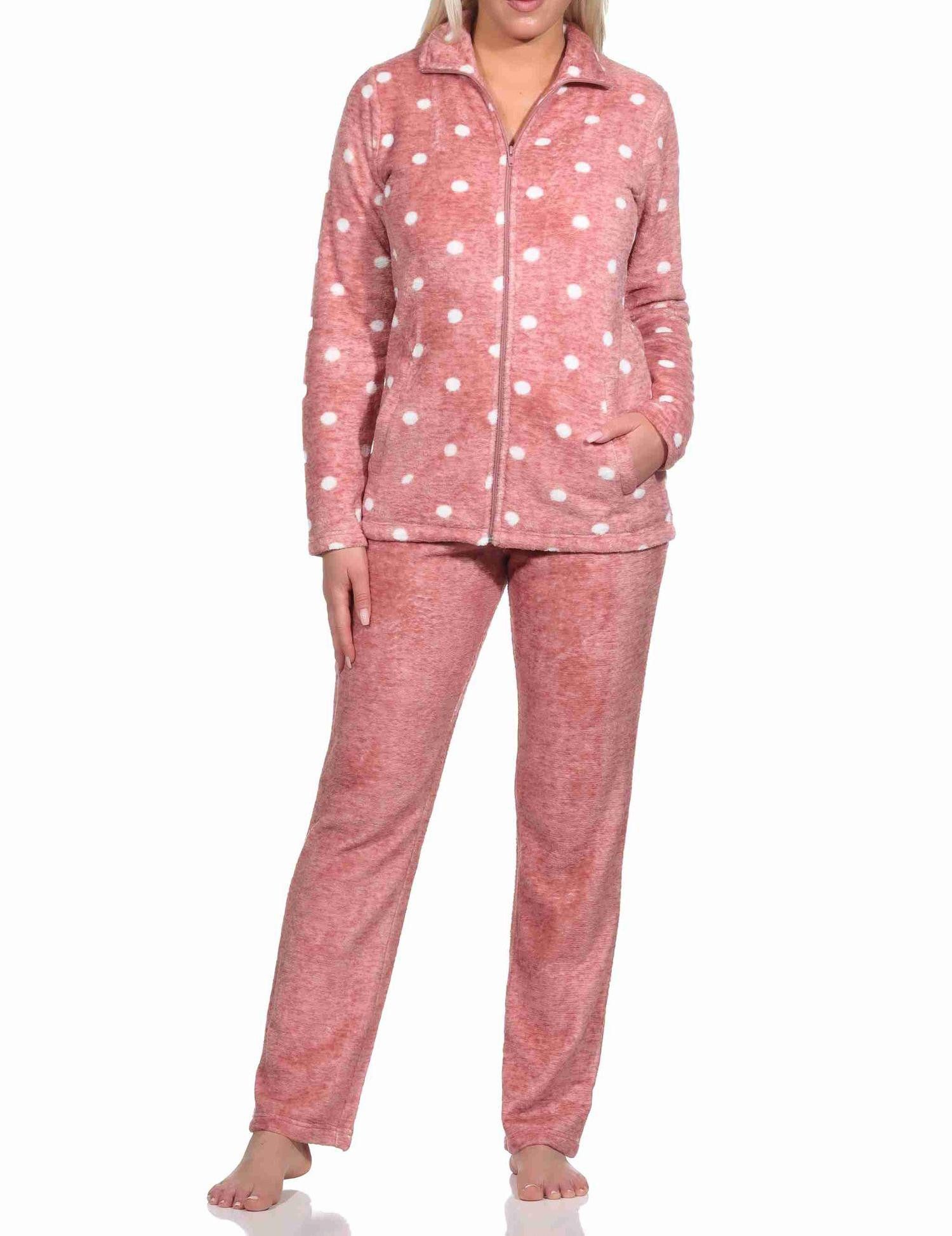 Normann Relaxanzug Kuscheliger Damen Hausanzug aus Coralfleece in Tupfen Punkte Optik