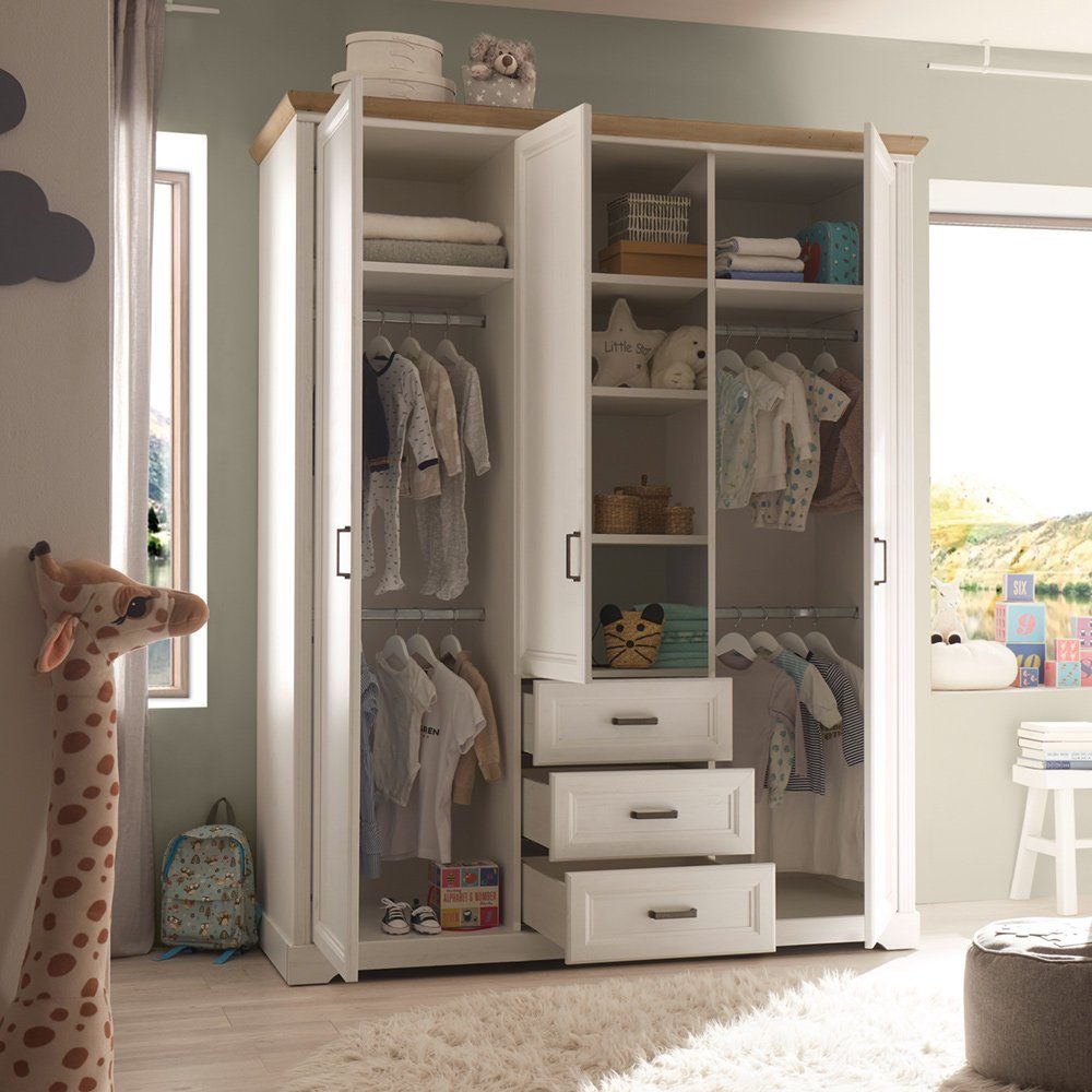 Lomadox Babyzimmer-Komplettset JASPER-78, (3-tlg), Anderson Pine Nb. weiß, Eiche Nb.,Gitterbett, Kleiderschrank, Kommode