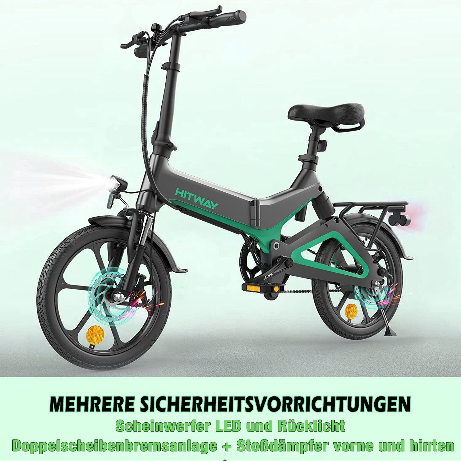 36V/7.8Ah 250W Klappräder 16" Elektrofahrrad E-Bike, 35-70km HITWAY Schwarz