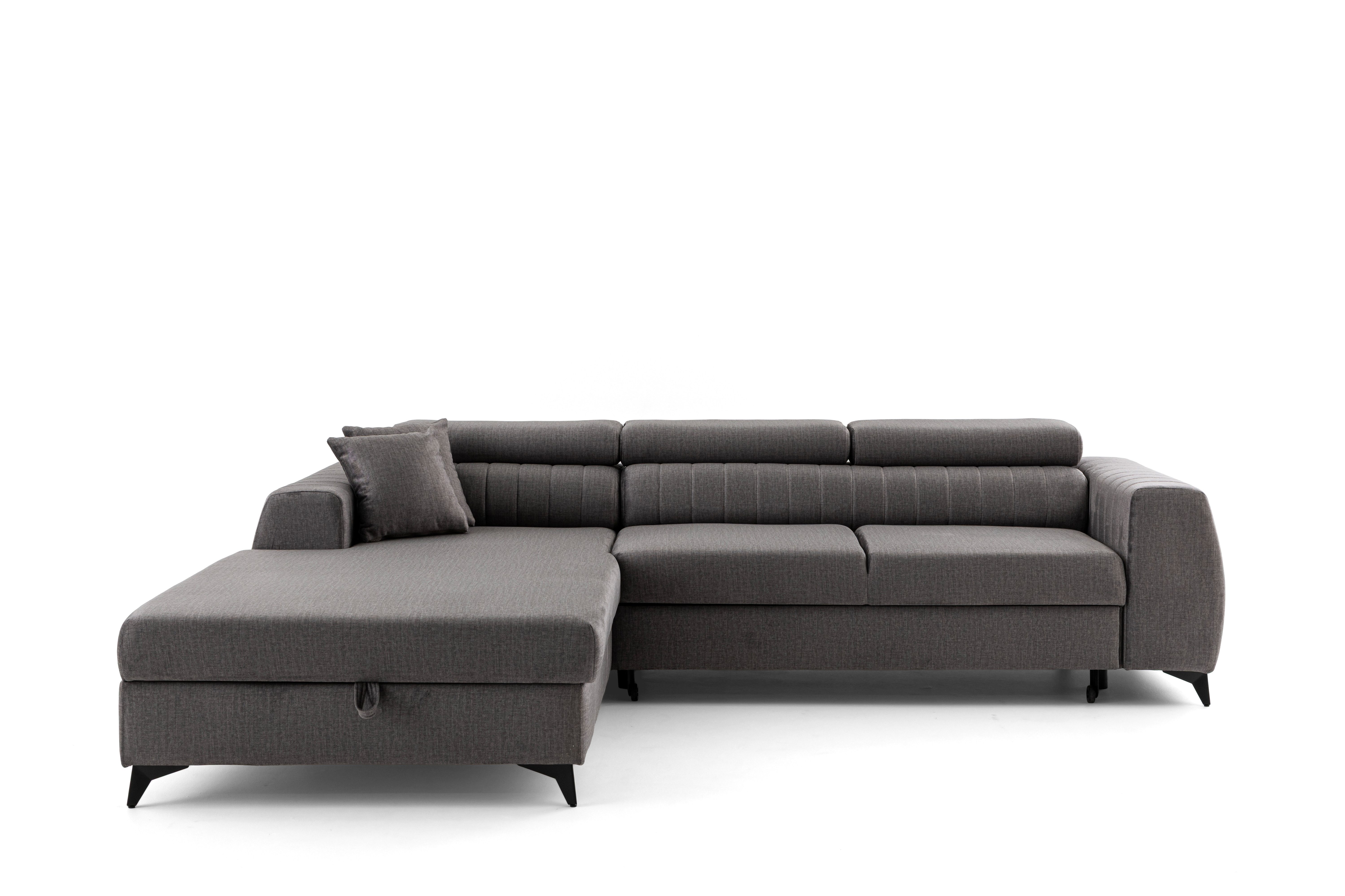 Muffo Ecksofa Ecksofa Mone, Verstellbare Kopfstützen, Schlaffunktion, Aufbewahrung von Bettzeug, elegante Nähte