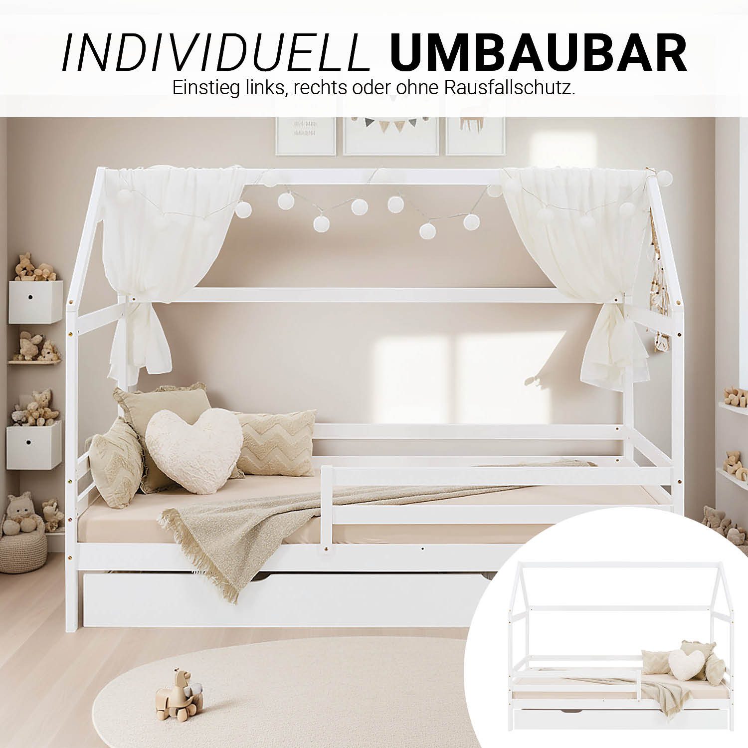 Homestyle4u Hausbett 90x200 Weiß Holz Kinderbett erhöht Kleinkind halbhoch günstig online kaufen