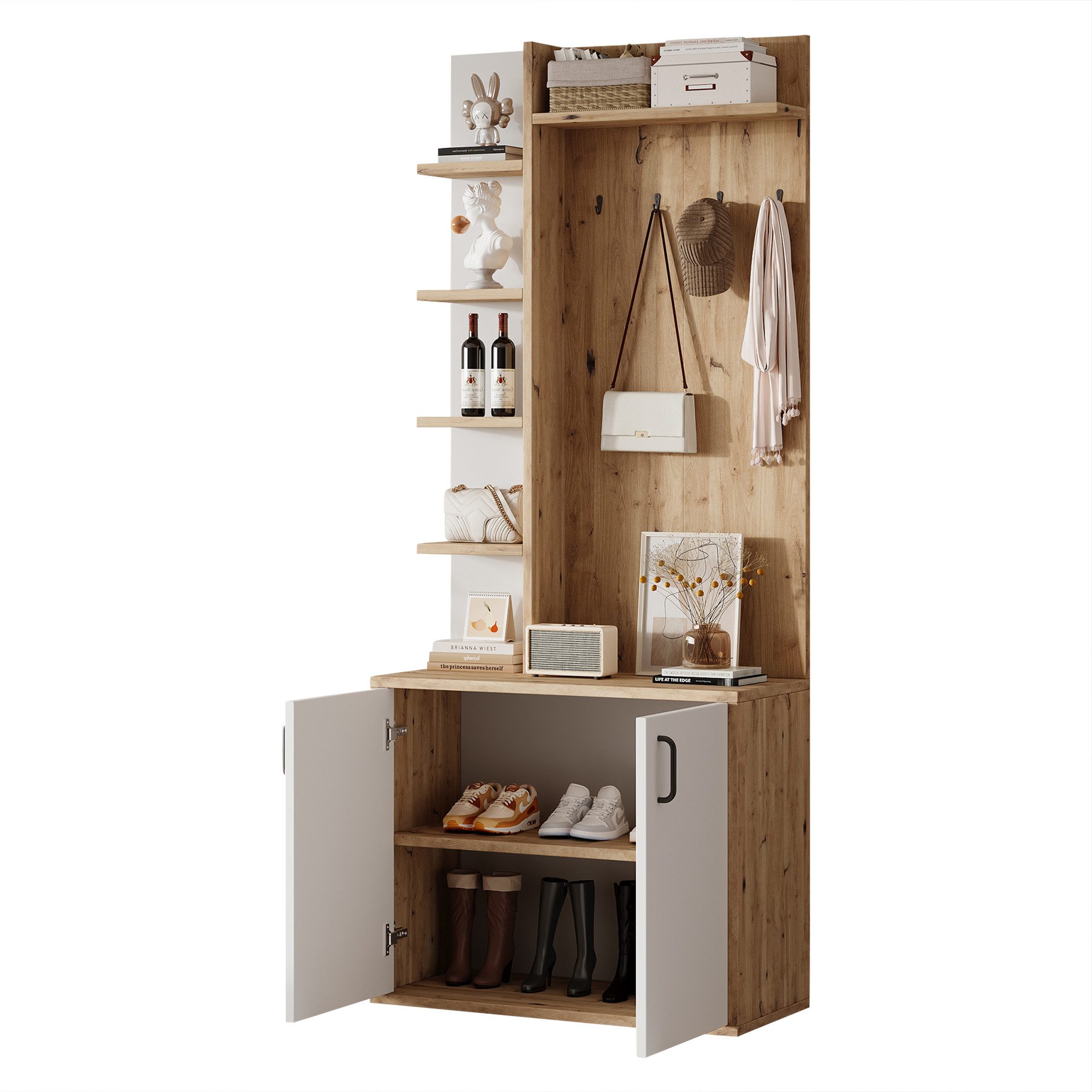 MODFU Garderoben-Set Holz- und Weißdesign, (Stauraumschränken, 1-St., Flurausstattung mit Kleiderhaken), Flurschrank mit 5-lagiger Stauraumeinteilung