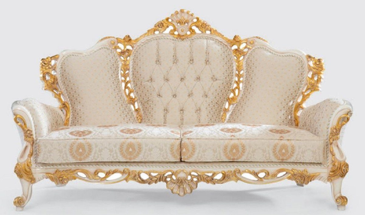 Casa Padrino Sofa Luxus Barock Sofa Creme / Weiß / Gold 230 x 95 x H. 130 cm - Handgefertigtes Wohnzimmer Sofa mit elegantem Muster - Barock Wohnzimmer Möbel - Edel & Prunkvoll