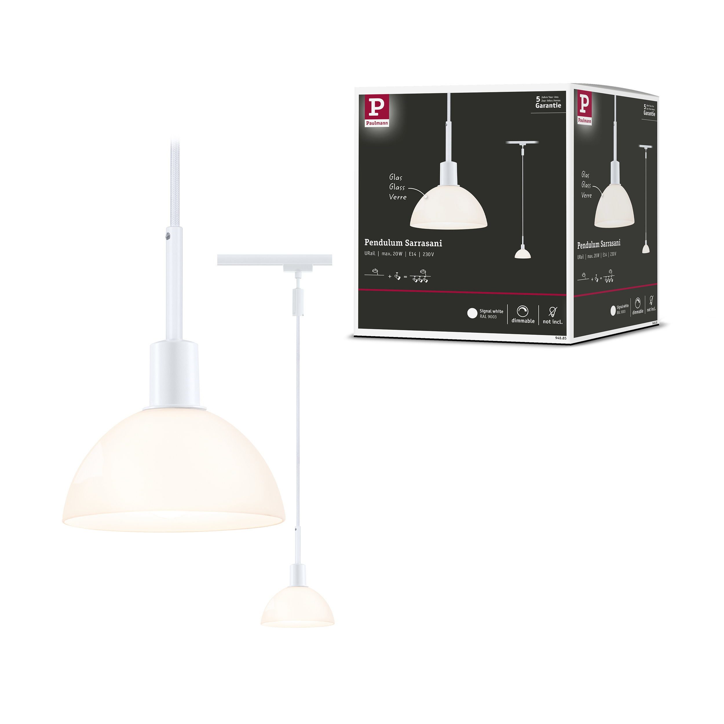 Paulmann Schienensystem-Leuchten URail Pendel Sarrasani E14 max. 20W dimmbar 230V Signalweiß
