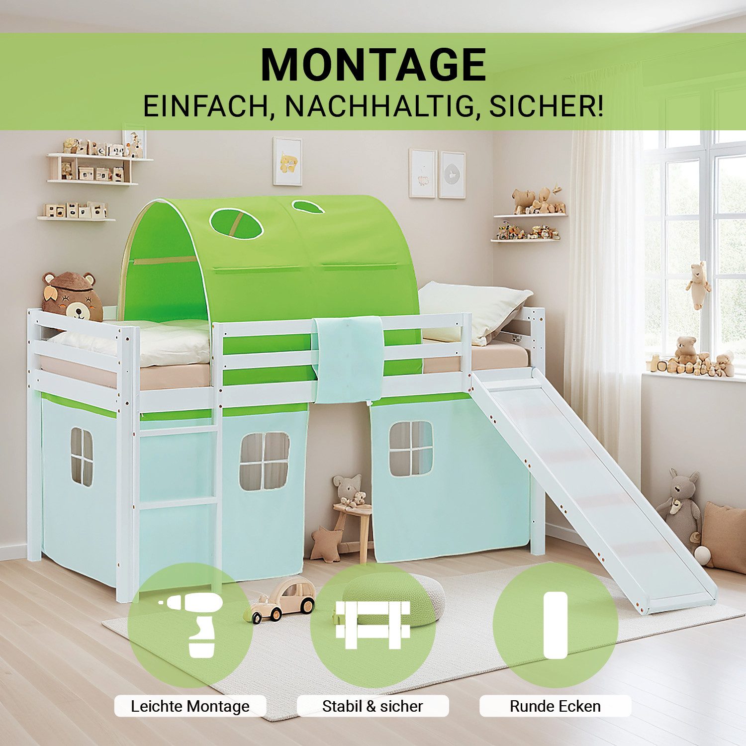 Homestyle4u Hochbett 90x200 Vorhang Stockbett Kinderbett günstig online kaufen