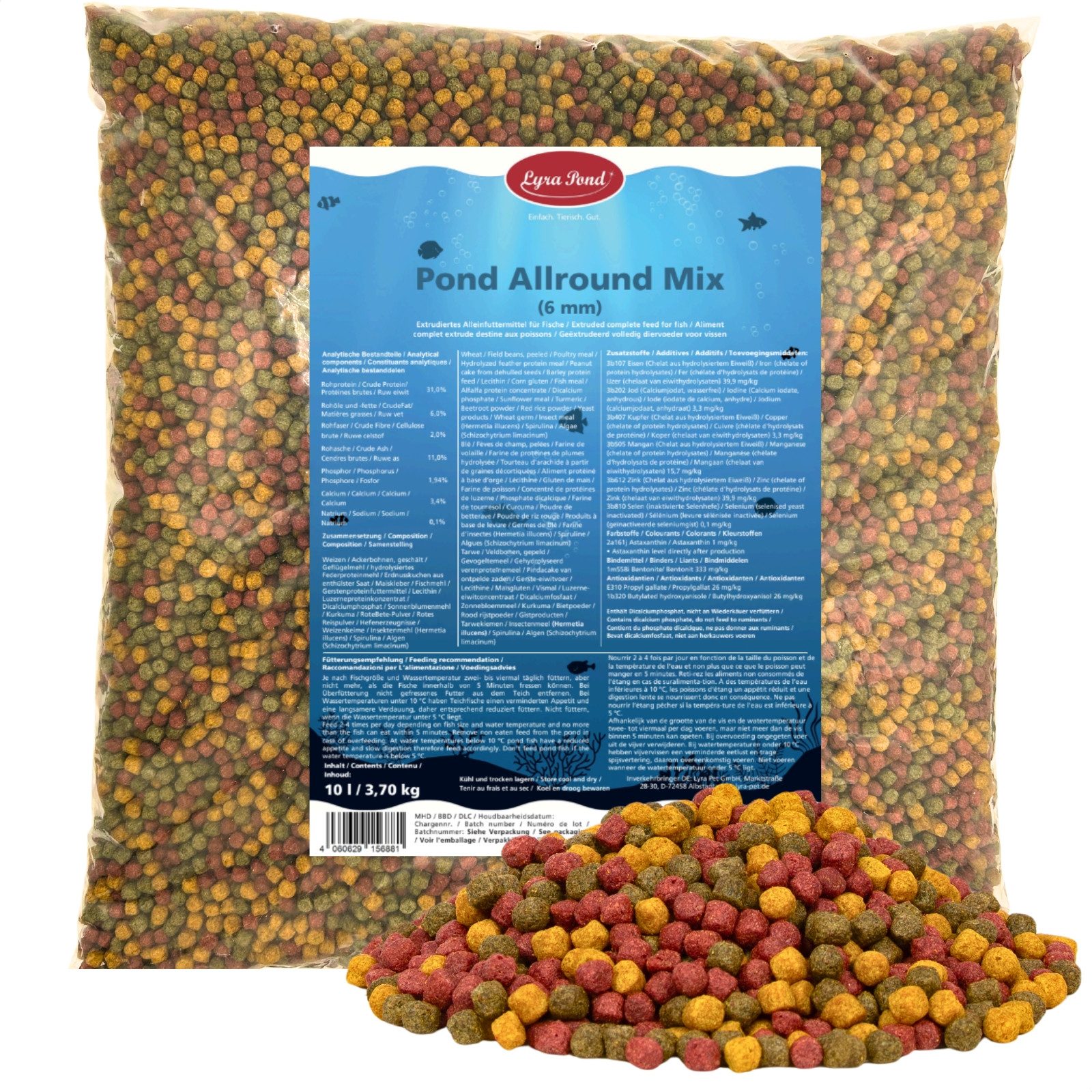 Lyra Pet 10 Liter (3,7 kg) Lyra Pond® Pond Allround Koi Mix Teich-/Fischfutter, Hauptfutter für: Fisch