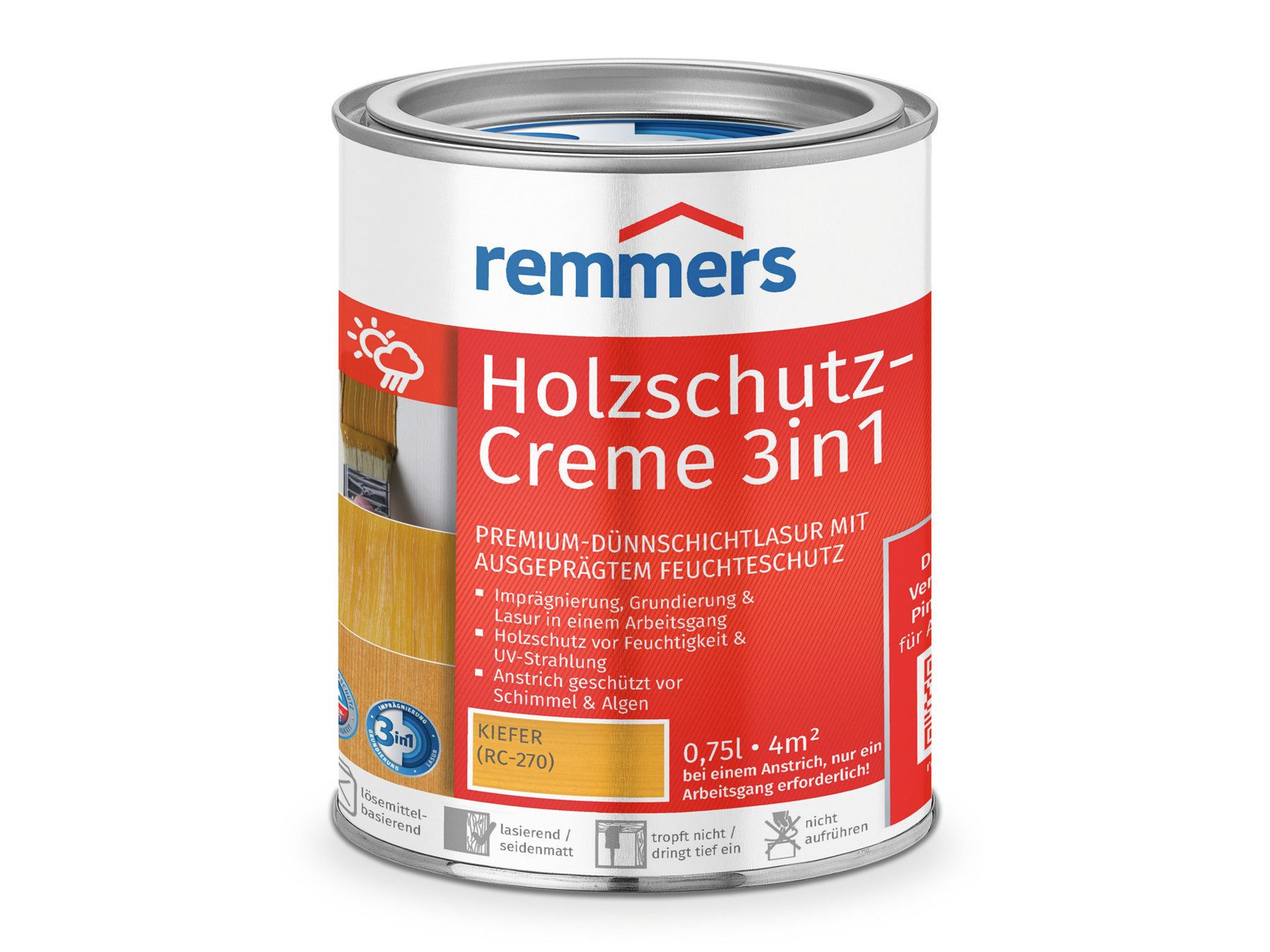 Remmers Holzschutzlasur Holzschutz-Creme 3in1 0,75 Liter, 3facher Holzschutz mit Imprägnierung + Grundierung + Lasur
