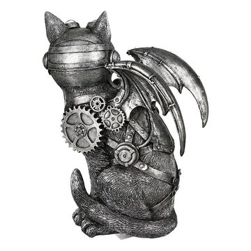 Brillibrum Dekofigur Zahnrad Design Steampunk Katze mit Flügeln Deko Skulptur aus Polyresin Dekofigur Industrial Style Silber Statue ausgefallenes Kunstobjekt Wohnzimmerdeko Kunst