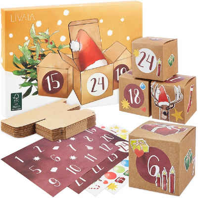 LIVAIA Kalender zum Selbstbasteln »Advent Kalender zum Befüllen & Basteln - mit Würfel-Boxen zum Stecken aus Pappkarton und Stickerbögen«, DIY für Erwachsene & Kinder