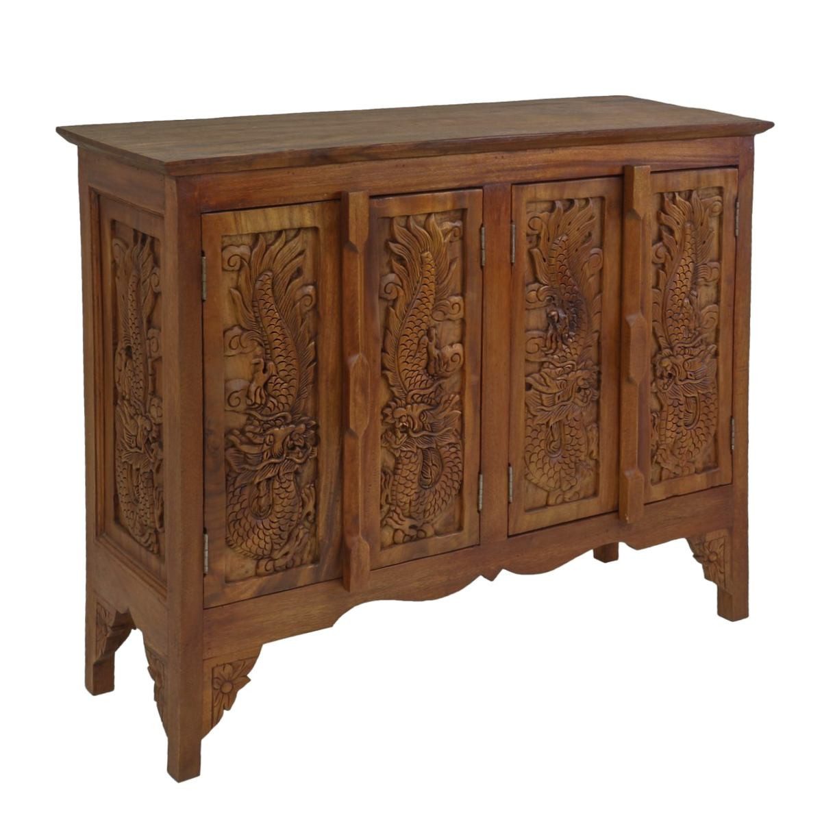 Oriental Galerie Mehrzweckschrank Schrank aus Holz Drache Braun 96cm Asiatische Möbel, Thailand, Massivholz, Schnitzerei, Handmade