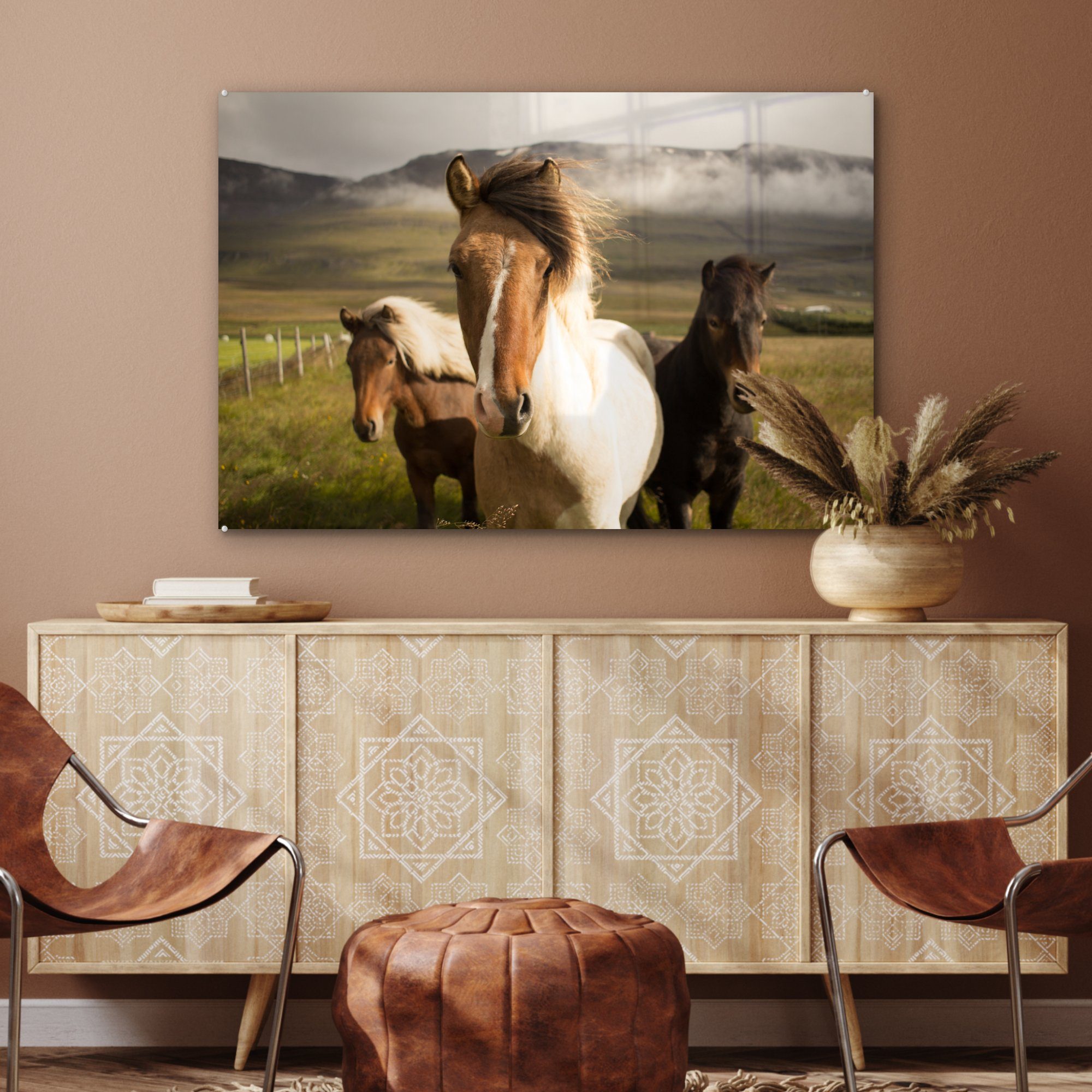 (1 Gras, Tiere Wohnzimmer - St), Acrylglasbild MuchoWow & - Acrylglasbilder Pferde Schlafzimmer