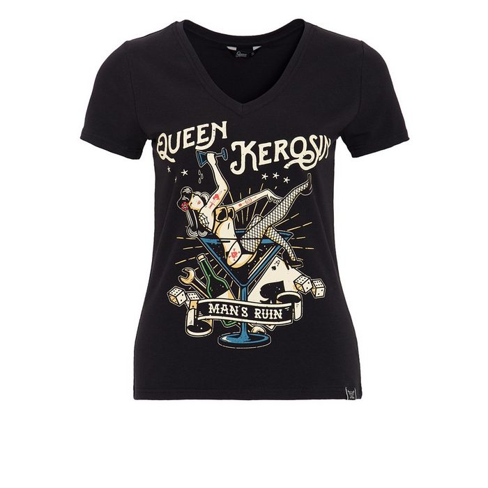 QueenKerosin Kurzarmshirt Mans Ruin mit mehrfarbigem Retro-Print und Logo-Patch