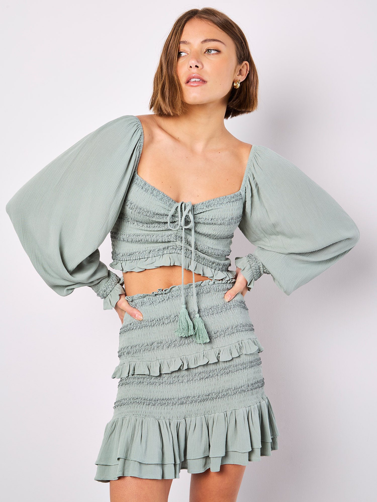 Apricot Crop-Top Smok-Top mit weiten Armen