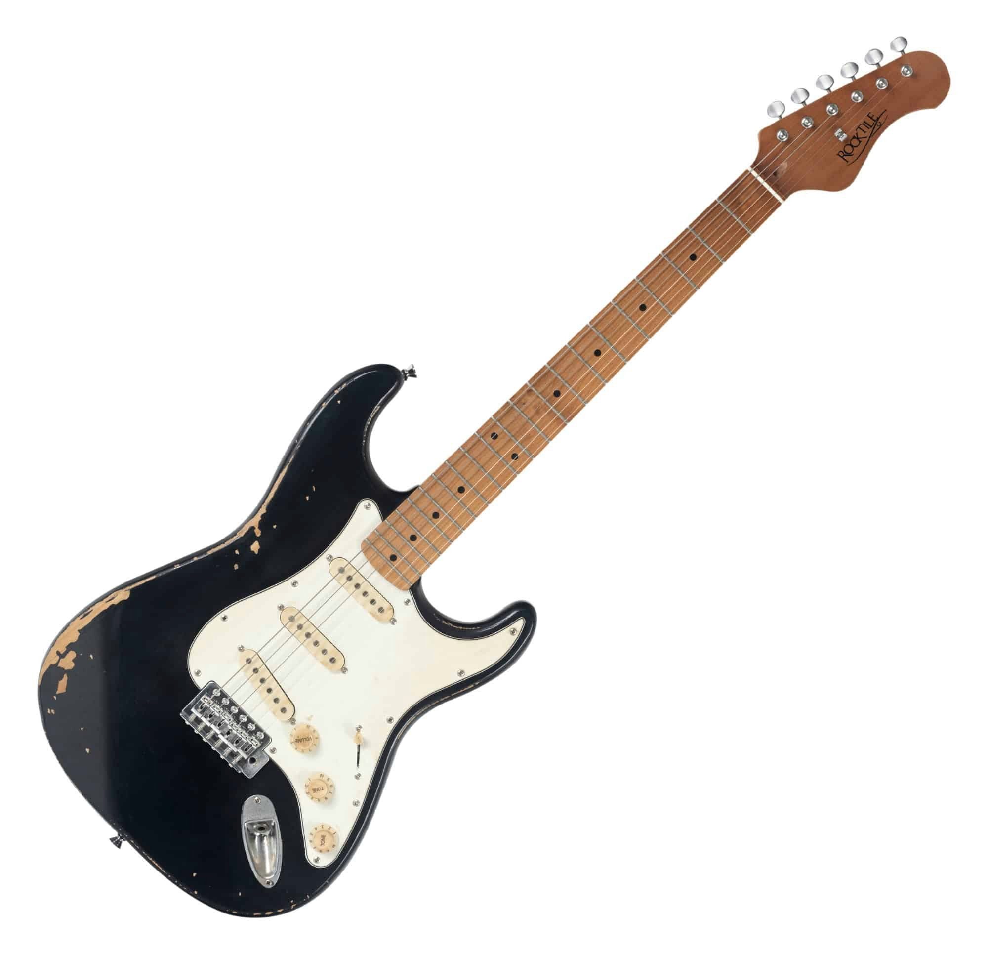 Rocktile E-Gitarre Vinstage ST-RMBK Schwarz - Relic-Gitarre in Aged-Style, 3x Single Coil Pickup