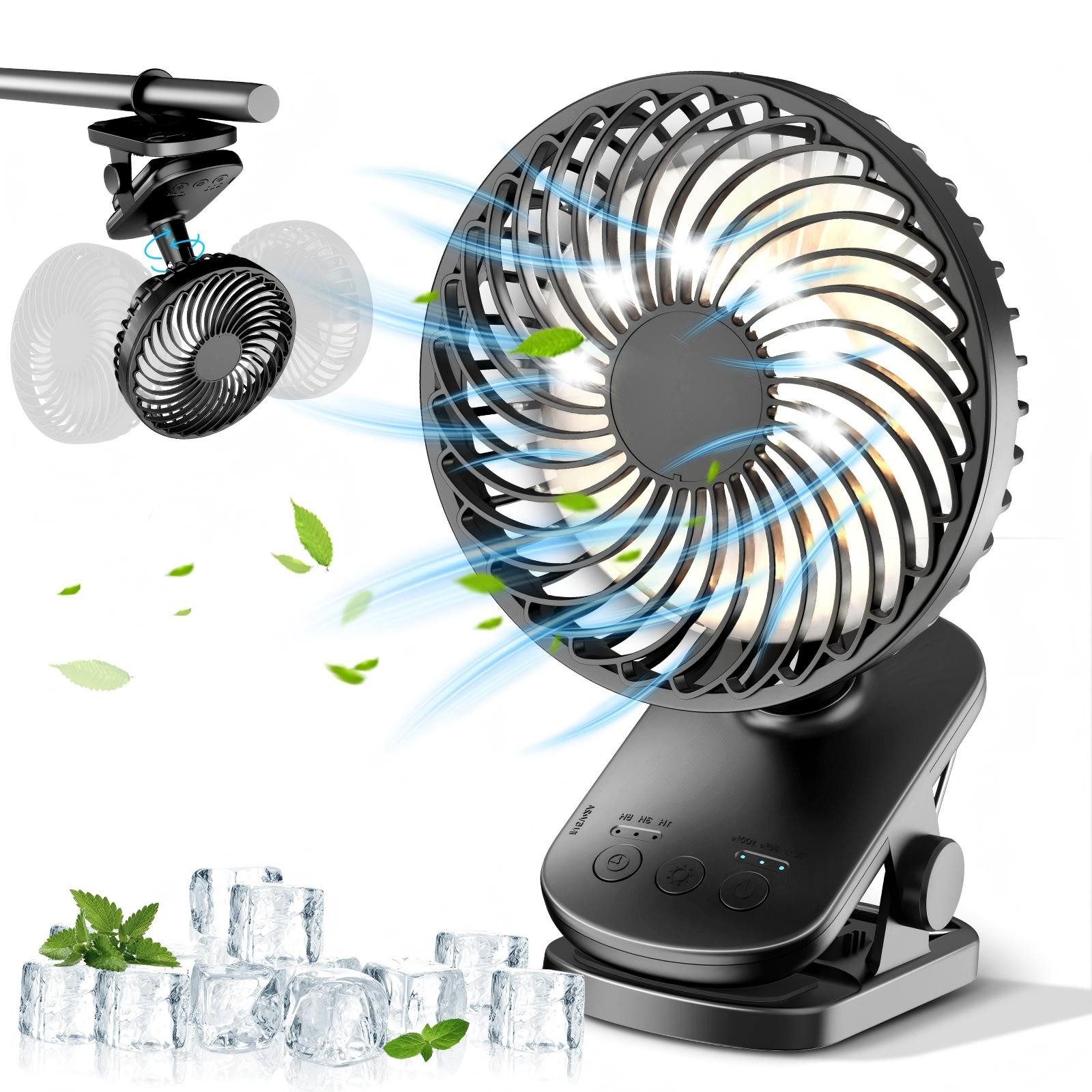ATEROLL Tischventilator Tragbarer Ventilator,Timerfunktion,3 Geschwindigkeits,mit Nachtlicht, Taillen-Clip-Ventilator Dimmer Einhängbar,360° Drehung Auto-ventilator