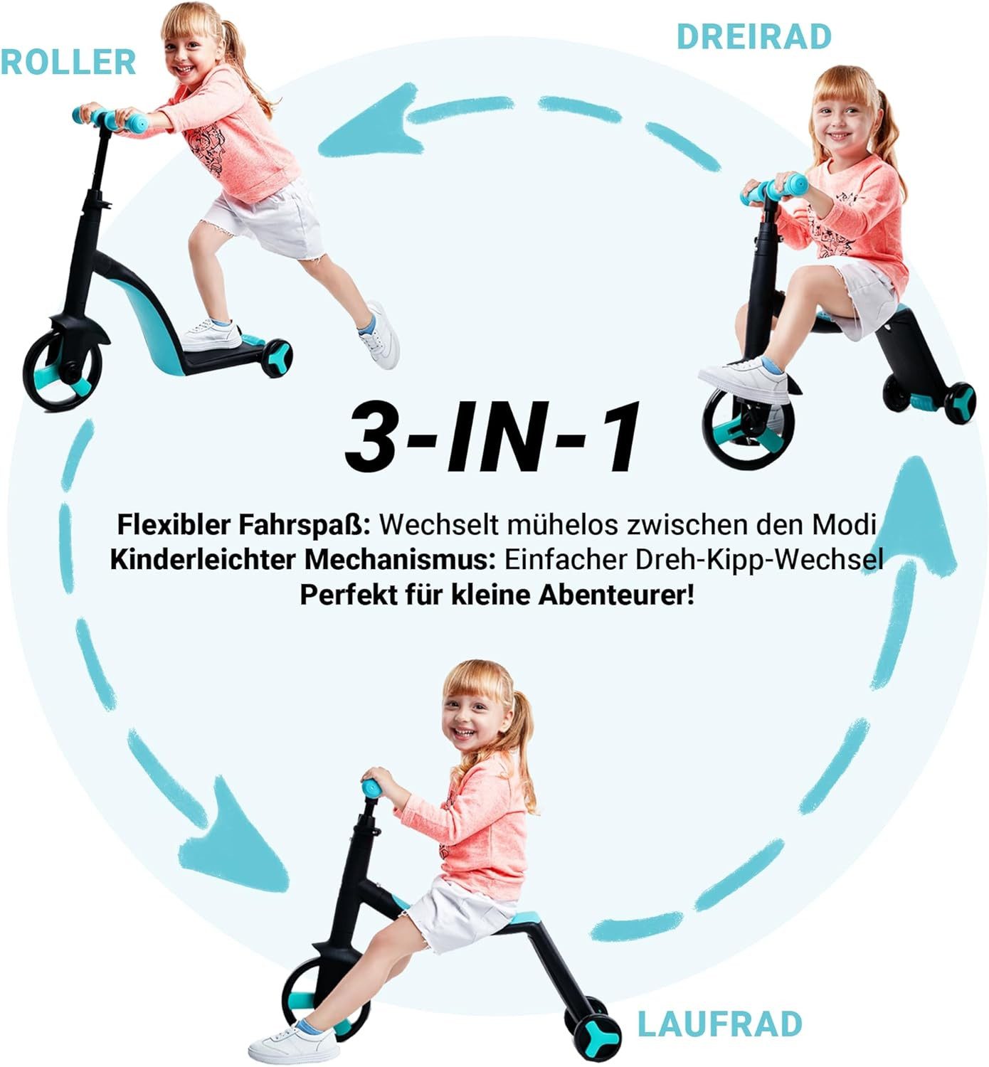 L.A. Sports Laufrad Dreirad Roller 3 in 1 Lauffahrrad für Kinder Kinderdreirad Trike, 3 in 1 Rad