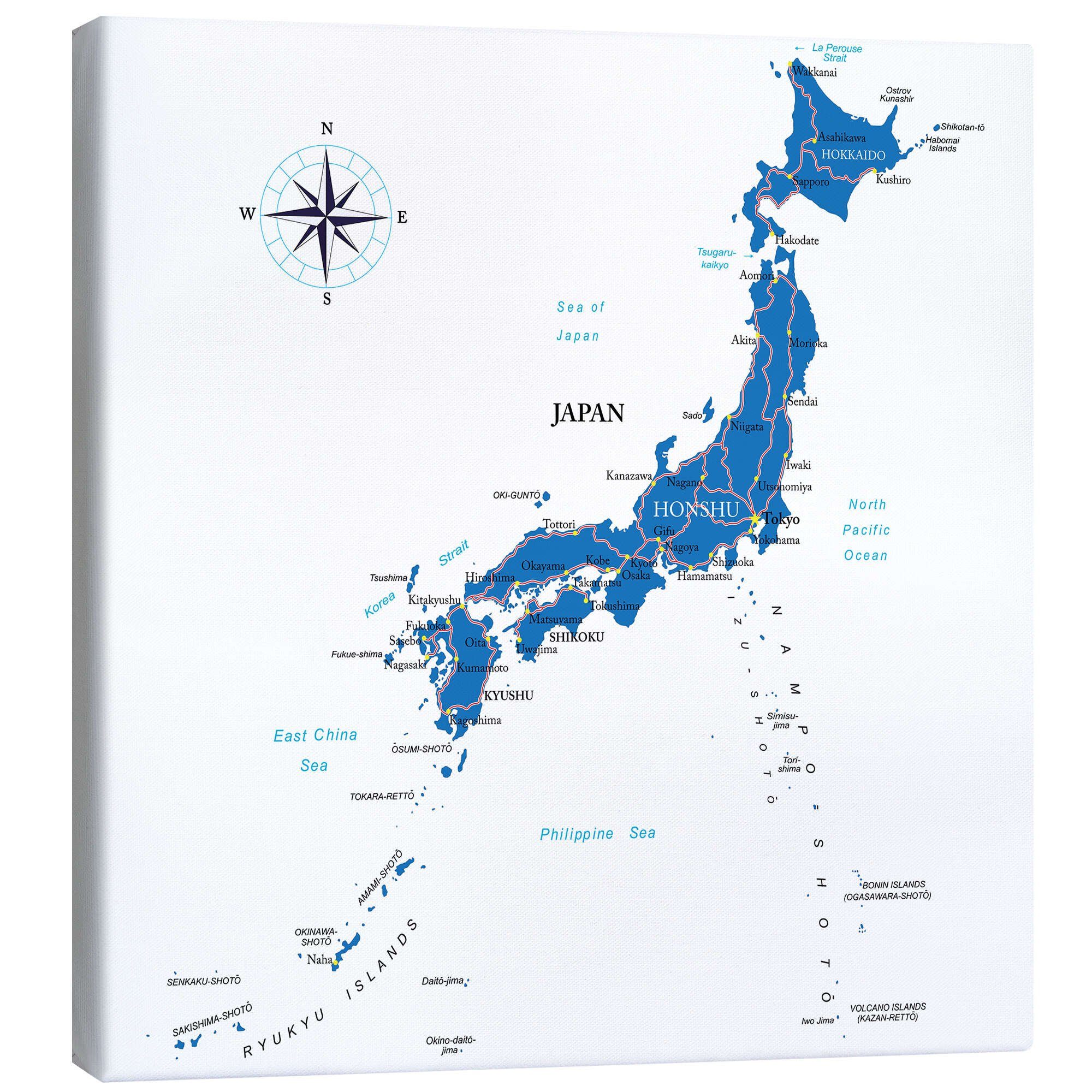Posterlounge Wandbild Karte Japans (Englisch), Editors Choice, erhältlich als Poster, Leinwandbild, Wandsticker oder Acrylglasbild