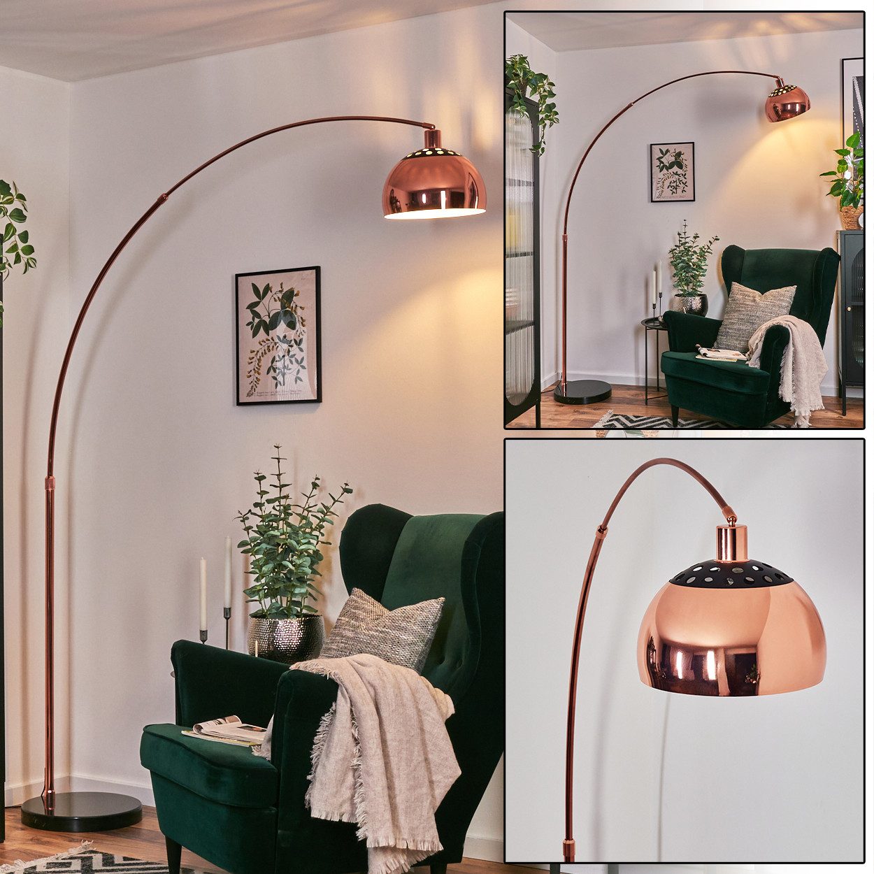 Bogenlampe Stehlampe aus Metall in Schwarz/Kupfer/Weiß im Retro/Vintage-Design