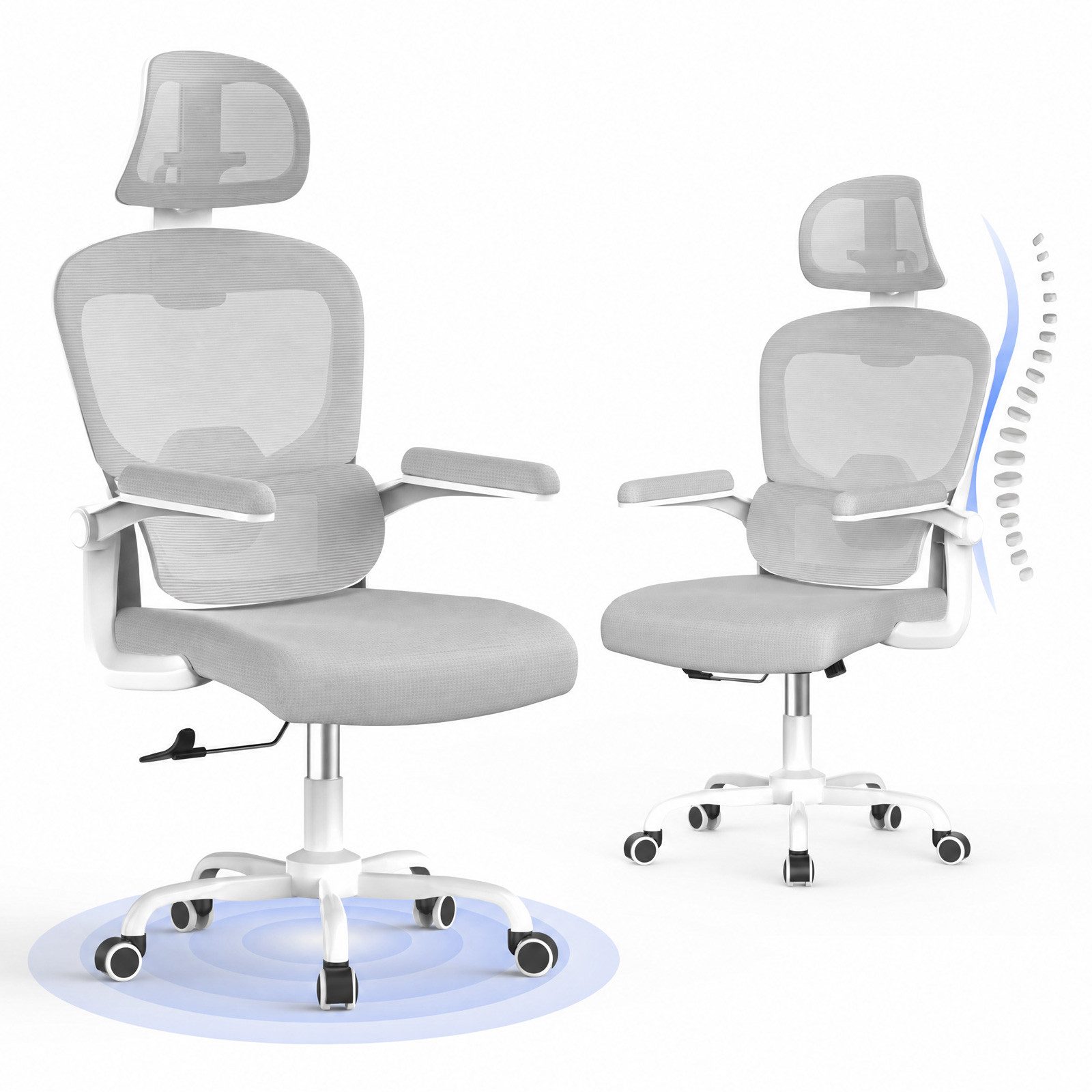 Gywowken Bürostuhl Ergonomischer Schreibtischstuhl mit Verstellbarer Kopfstütze, Armlehne Elastische Lendenwirbelstütze Höhenverstellbar