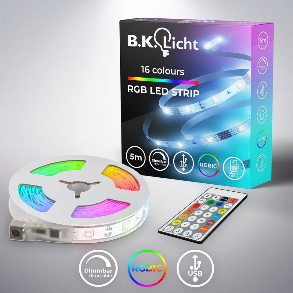 B.K.Licht LED-Streifen USB RGBIC, 150-flammig, Lichtleiste, mit  Musiksensor, mit Fernbedienung, selbstklebend