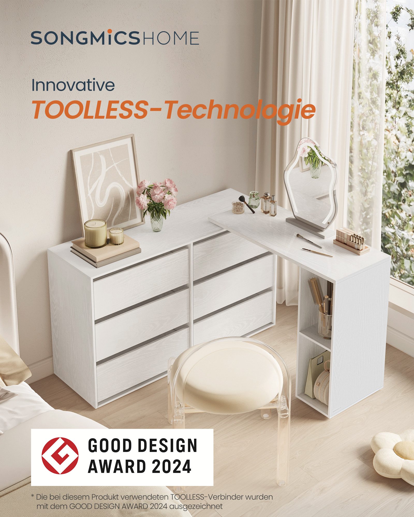 SONGMICS HOME Kommode, Kommode, Schrank mit Regal, Schminktisch, L-förmig, Toolless