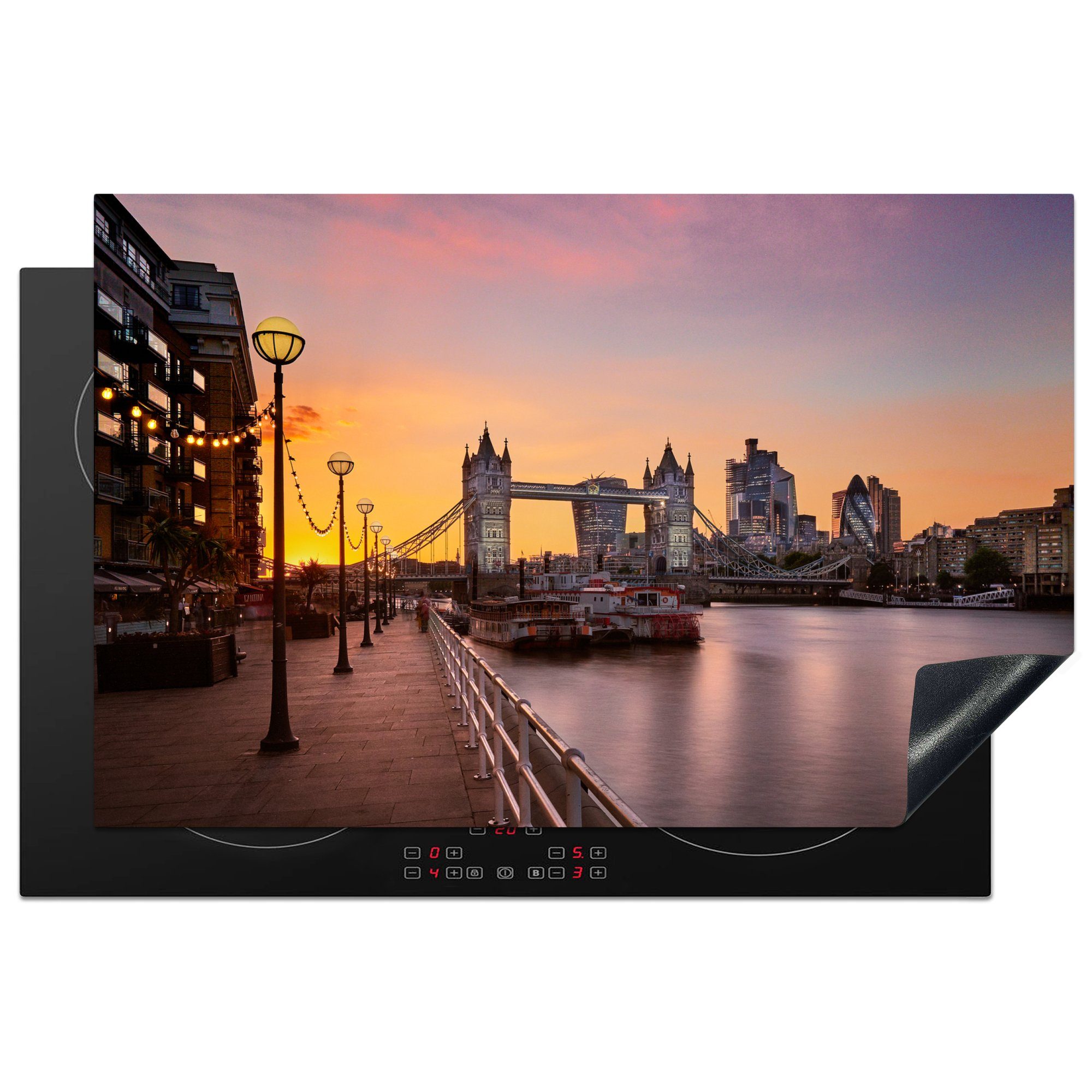 MuchoWow Herdblende-/Abdeckplatte Sonnenuntergang in London mit Tower Bridge, Vinyl, (1 tlg), 81x52 cm, Induktionskochfeld Schutz für die küche, Ceranfeldabdeckung