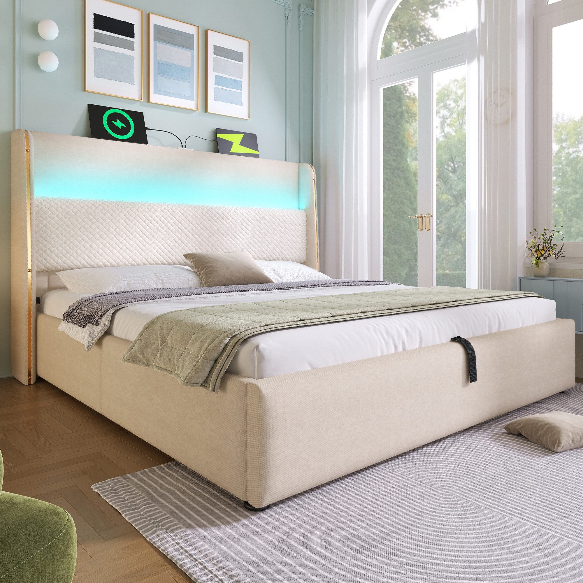 TavilaEcon Boxspringbett Modernes hydraulisches Bett mit hohem Kopfteil und LED-Beleuchtung (1-St), mit USB, Type-C-Anschlüssen, 140×200cm, beige/grau