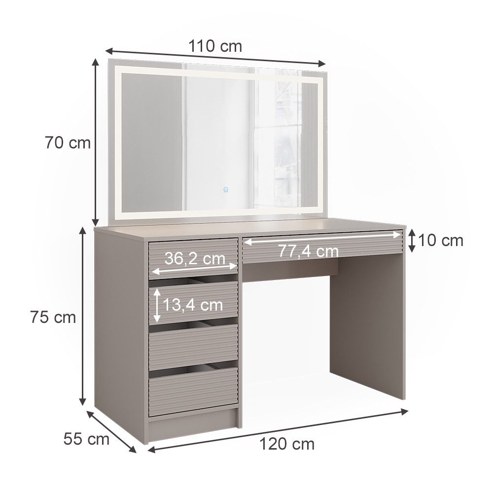 Vicco Schminktisch Sherry, Cashmere, 120 cm mit LED-Spiegel (2-St)