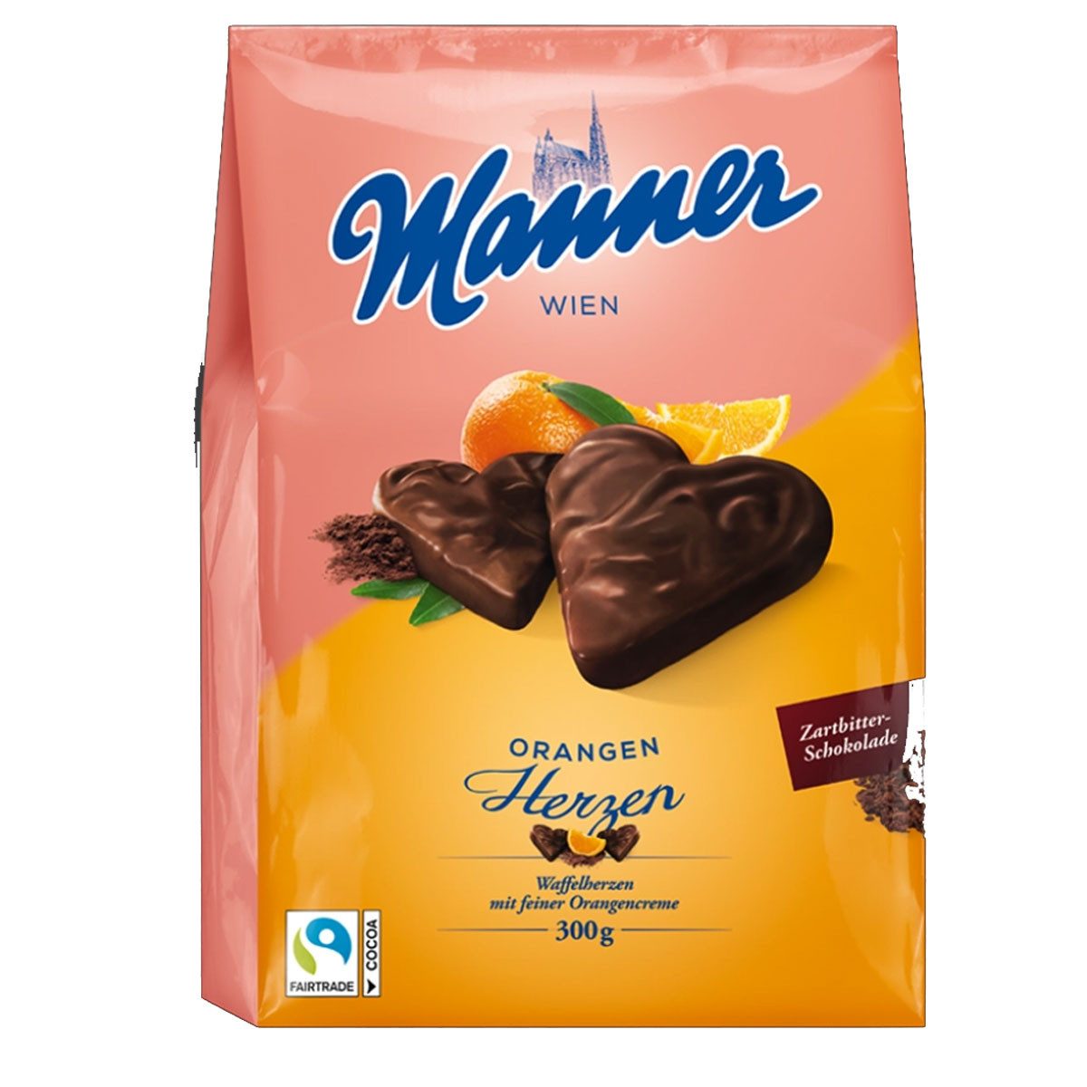 Manner Kekse, Manner Schokoladen Waffeln in Herzform mit Orangencremefüllung 300g