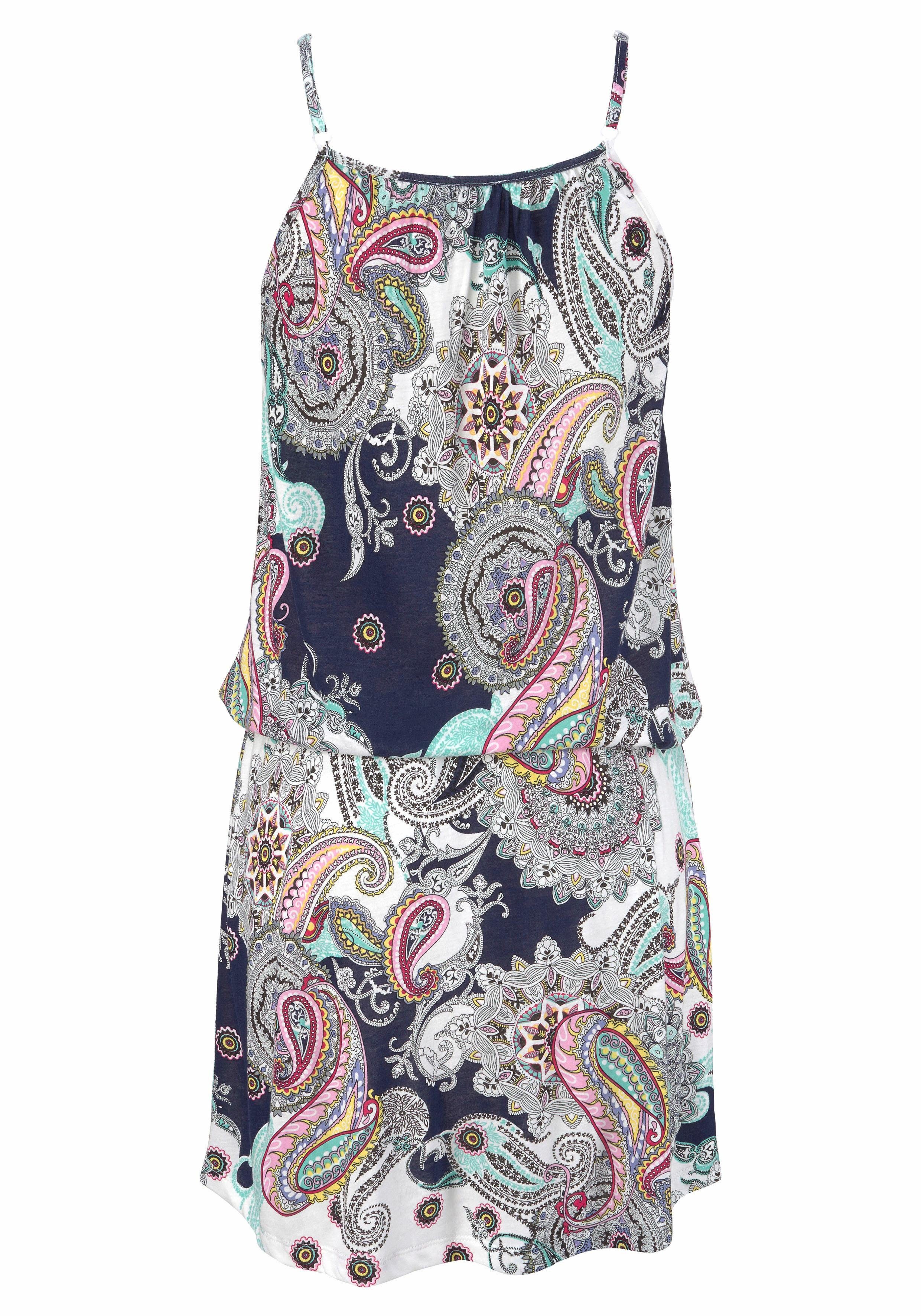 Beachtime by Lascana Strandkleid mit Paisleymuster in lockerer Passform, Jerseykleid aus Viskose Leichtes Minikleid, bedrucktes Sommerkleid, Spaghettikleid, Minikleid