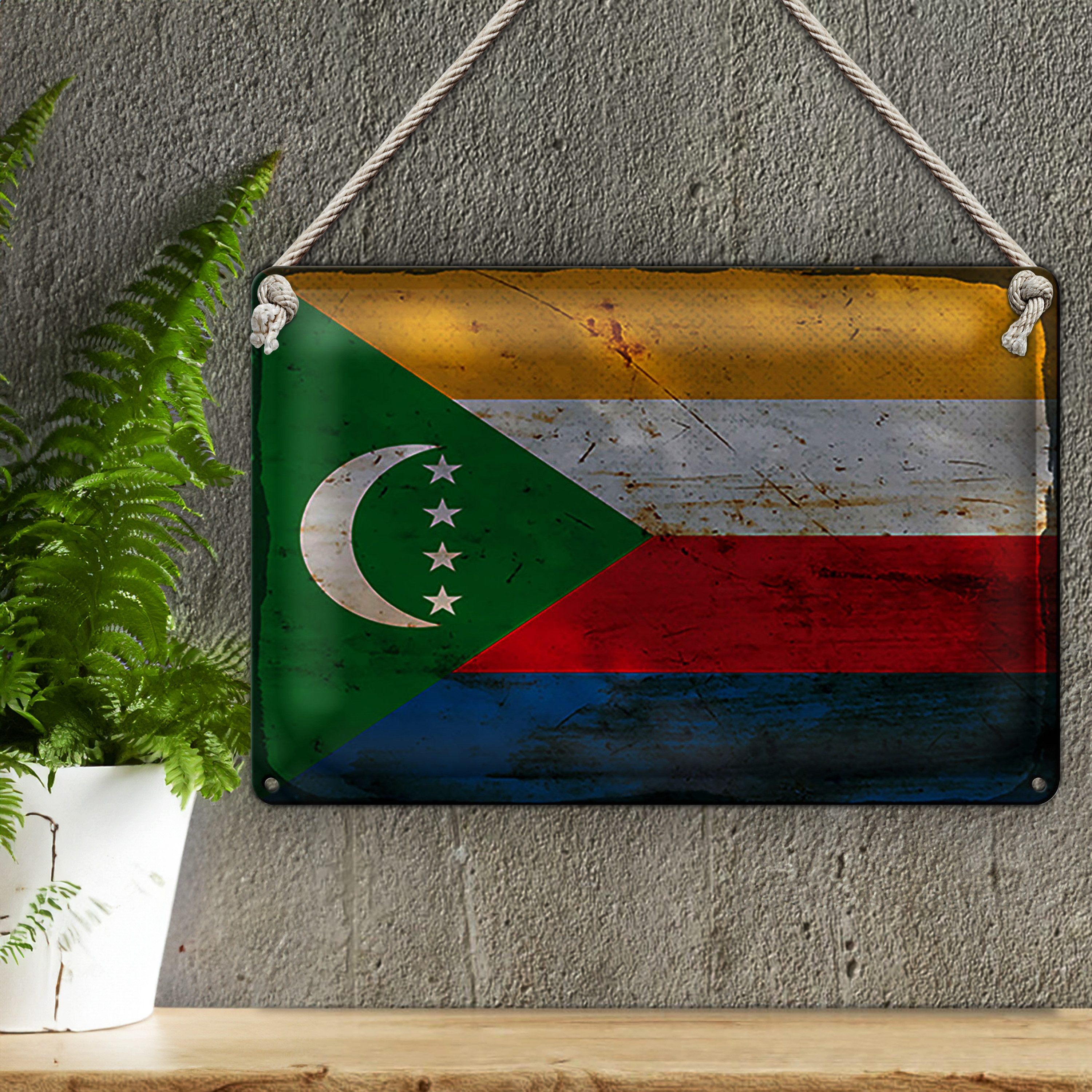 Roomando Metallschild Blechschild Flagge Komoren 30x20cm Flag Comoros Rost